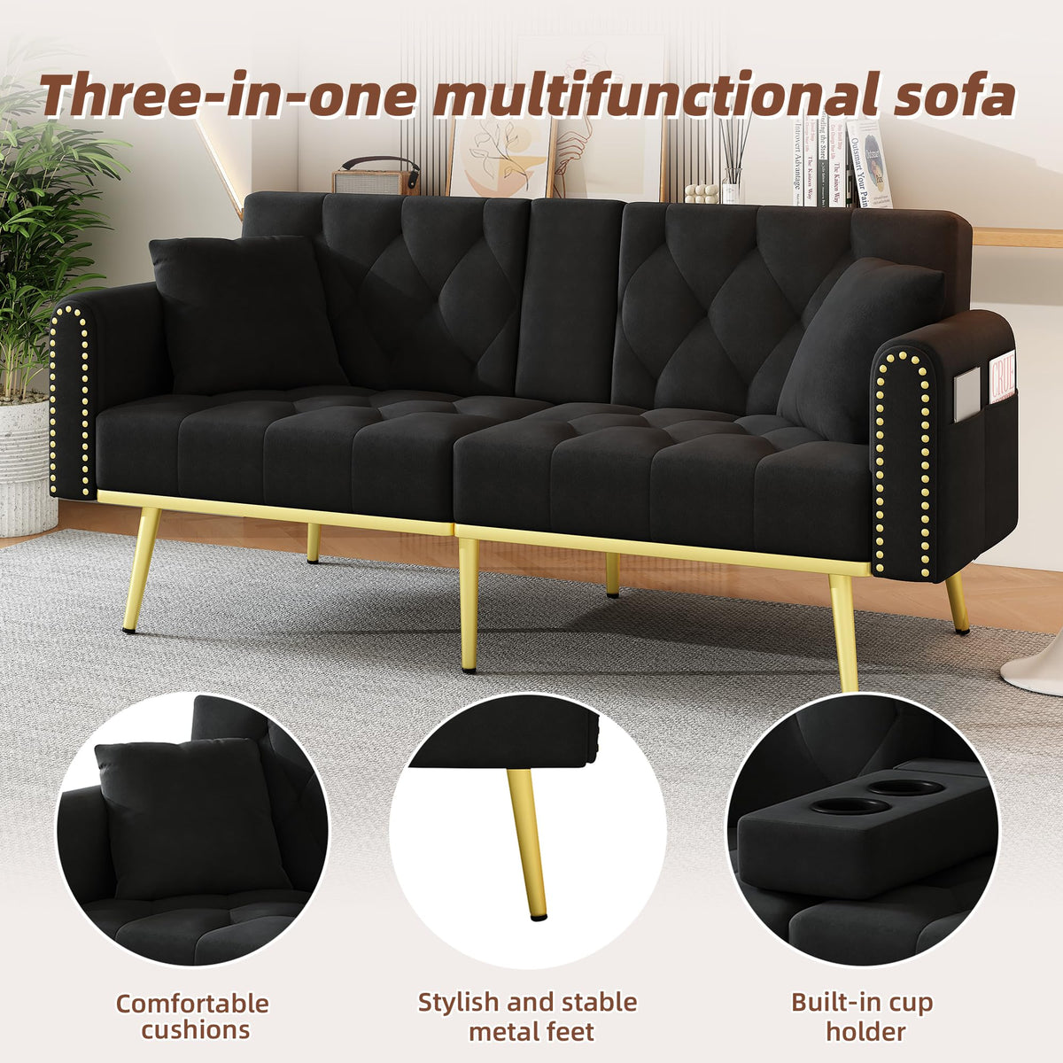 Azkoeesy Sofá cama de 2 plazas con soporte para bebidas, 175 cm, sofá cama con función de dormir, respaldo ajustable en 3 posiciones, patas metálicas doradas y remaches, para sala de estar y cine en