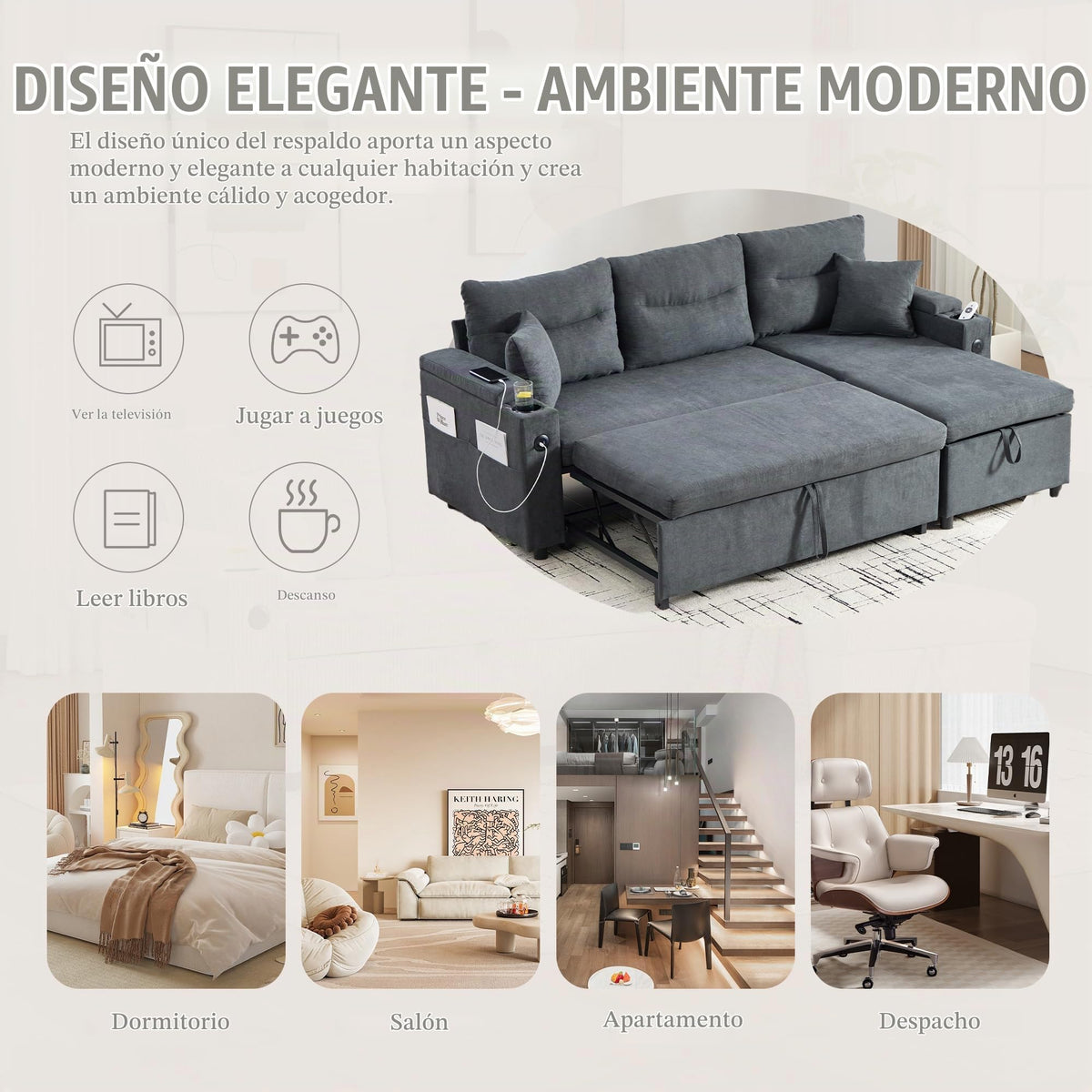 Dolamaní Sofá moderno de 4 plazas de tela de lino con espacio de almacenamiento y función de dormir, sofá cama con cajonera extensible en forma de L para casa y salón (beige B)