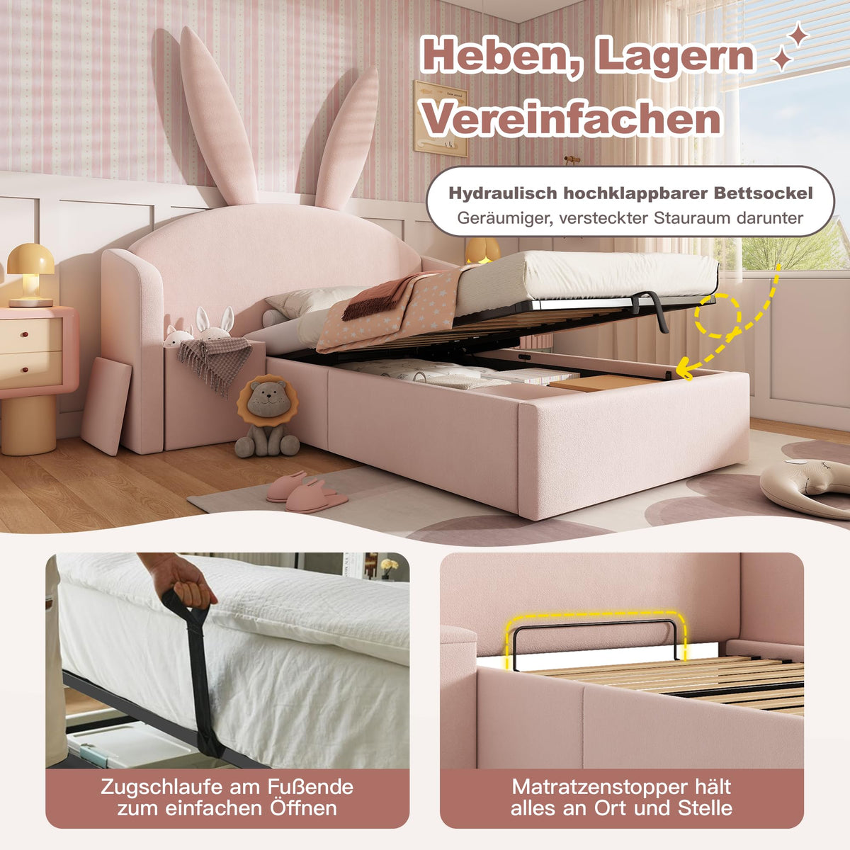 Kebnor Cama tapizada de terciopelo, orejas de conejo, cabecero con espacio de almacenamiento y mesita de noche, cama juvenil de diseño (sin colchón) (beis, 90 x 190 cm)