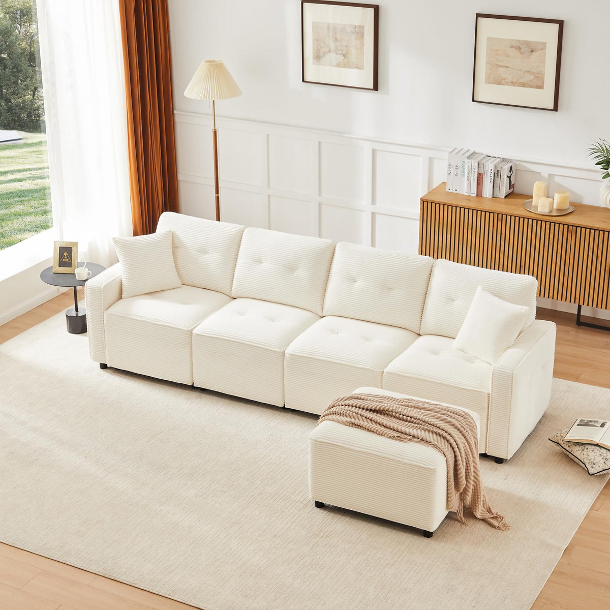 LAKFEW Sofa Cama con Cama Extensible y Taburete Almacenaje, Sofa Rinconera con USB, Lámpara de Lectura, Mesa Plegable con 2 Posavasos, 205x205x85 cm, Gris