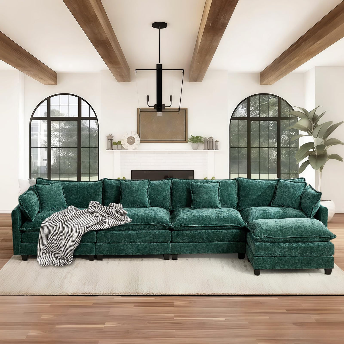 Sofá de salón modular 4 plazas 380cm, chenilla azul con cojines dobles
