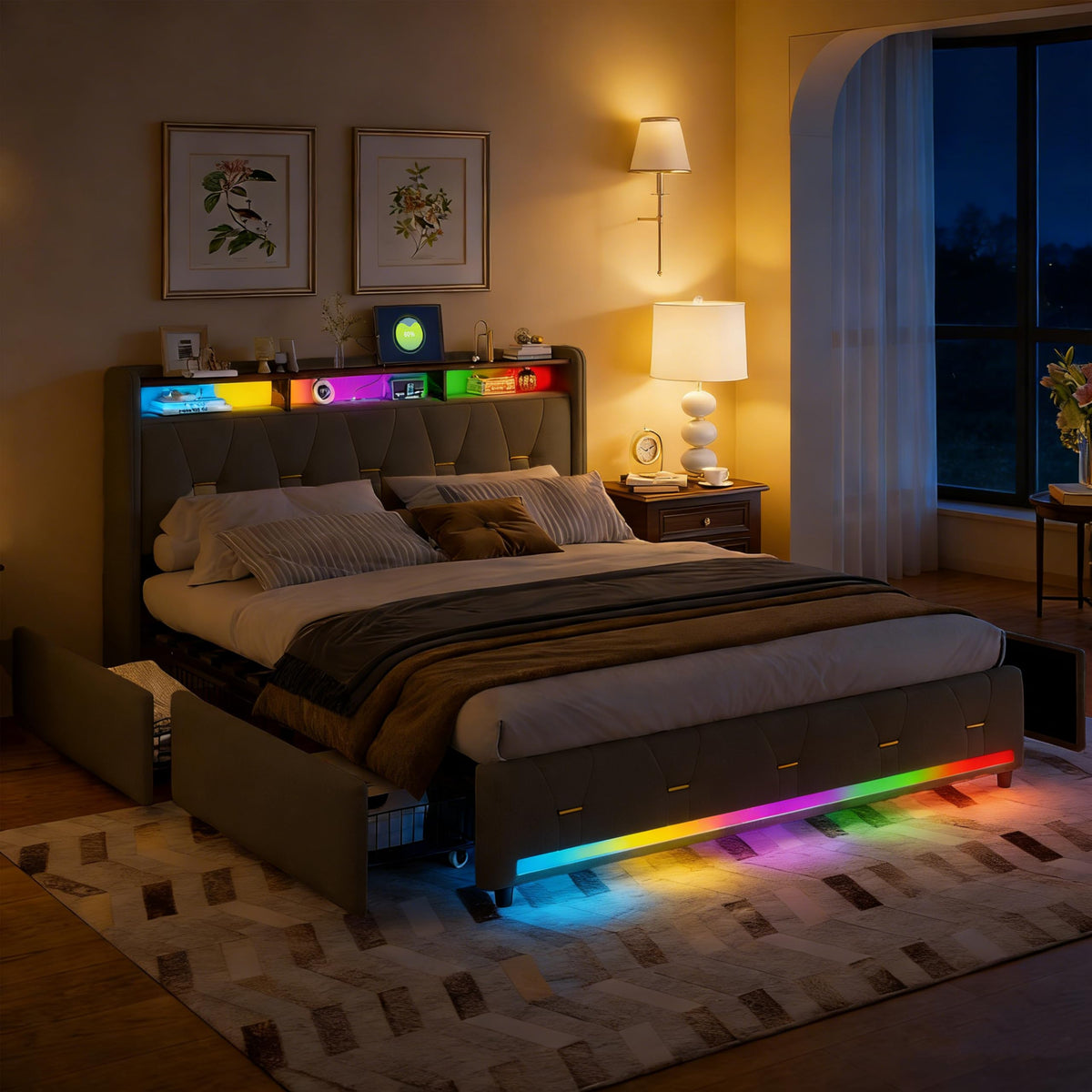 Estructura de Cama de Cuero 160x200cm con Carga USB Type-C, Blanco