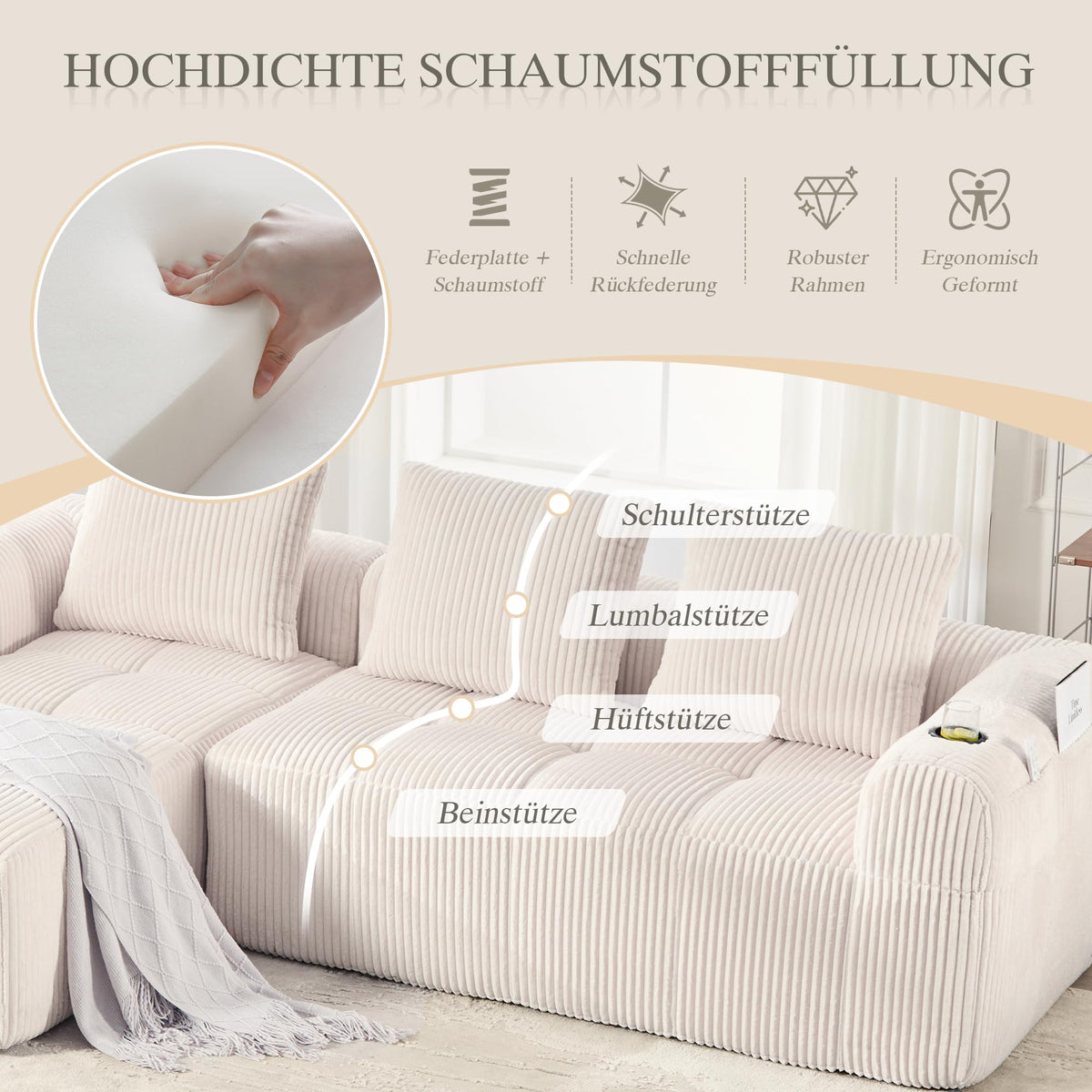 Dolamaní Sofá compacto de 3 plazas de pana con 3 cojines, sofá esquinero en forma de L con función de dormir, suave y modular, asiento extraprofundo, sin montaje, para salón (gris oscuro)