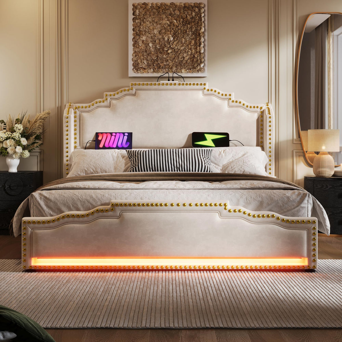 Cama tapizada de 160 x 200 cm, cama doble con 4 cajones, iluminación LED y puerto de carga USB-C, cama de almacenamiento y cama juvenil con somier, terciopelo, beige, sin colchón