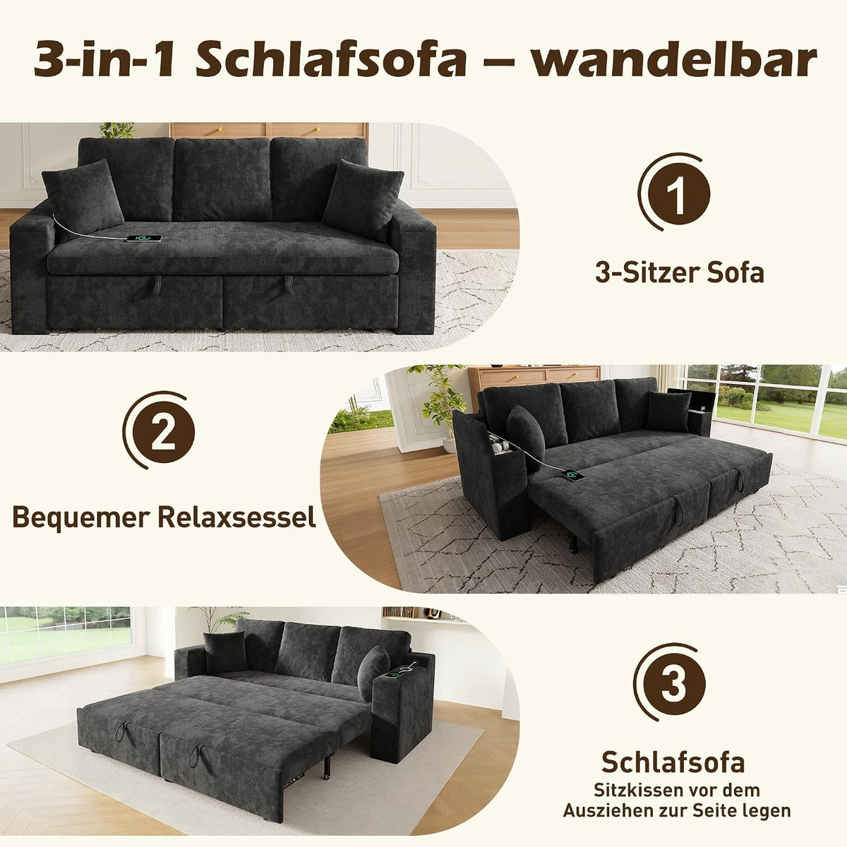 Sofá cama de 210 cm, multifuncional, 3 plazas, con función de dormir, sofá cama extensible, sofá con espacio de almacenamiento, reposabrazos y puerto de carga USB, para salón y dormitorio, color