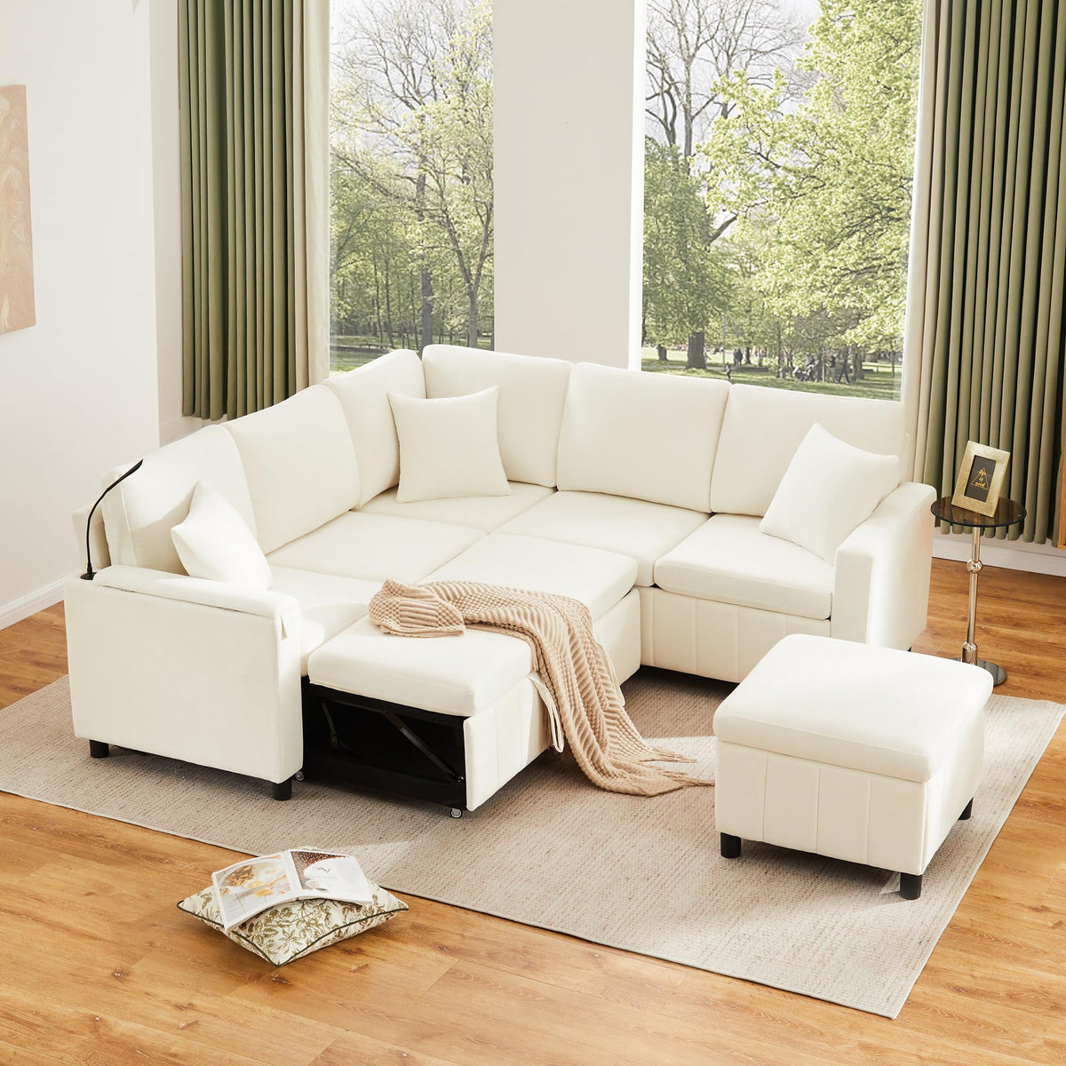 LAKFEW Sofa Cama con Cama Extensible y Taburete Almacenaje, Sofa Rinconera con USB, Lámpara de Lectura, Mesa Plegable con 2 Posavasos, 205x205x85 cm, Gris