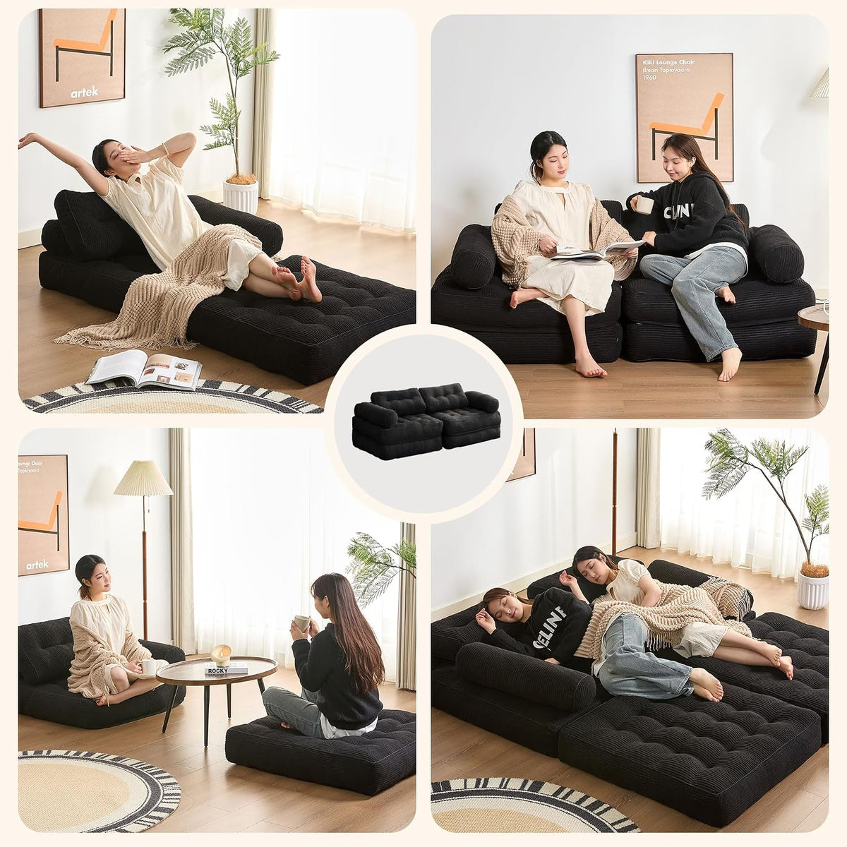 Sofá Convertible 4 en 1, Sofá Cama 1 Plaza, Pana, Negro