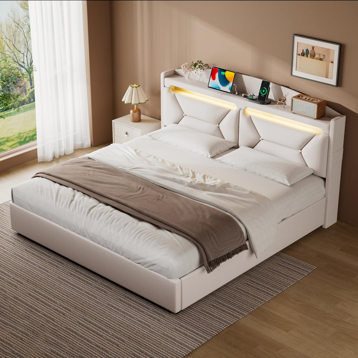 Cama 90x200 cm con Almacenamiento, Cama Individual con LED, Puertos USB y Type-C, Somier 90x200 Hidráulico, Camas Juveniles Camas Infantiles con Cabecero, Lino, Beige, Colchón No Incluido