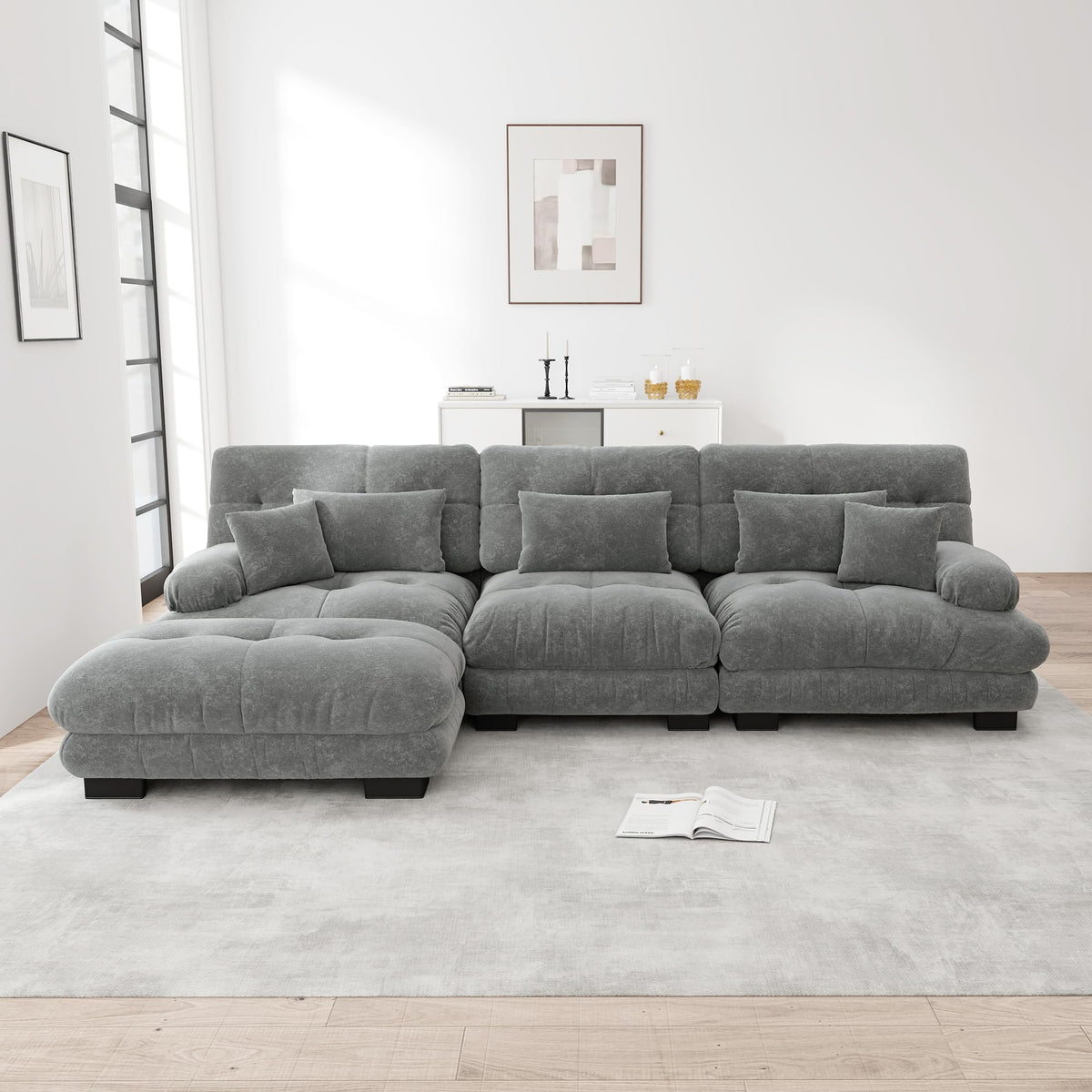 Sofá seccional Cloud en forma de L de 4 plazas con otomana móvil, ciniglia paisaje residencial con asiento profundo y reposabrazos anchos, gran sofá de sala para apartamento