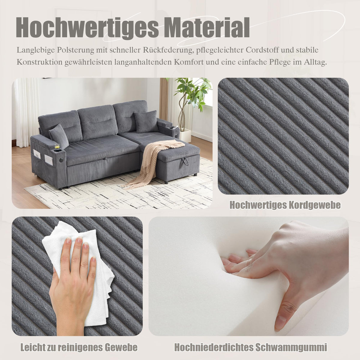 Dolamaní Sofá moderno de 4 plazas de tela de lino con espacio de almacenamiento y función de dormir, sofá cama con cajonera extensible en forma de L para casa y salón (beige B)