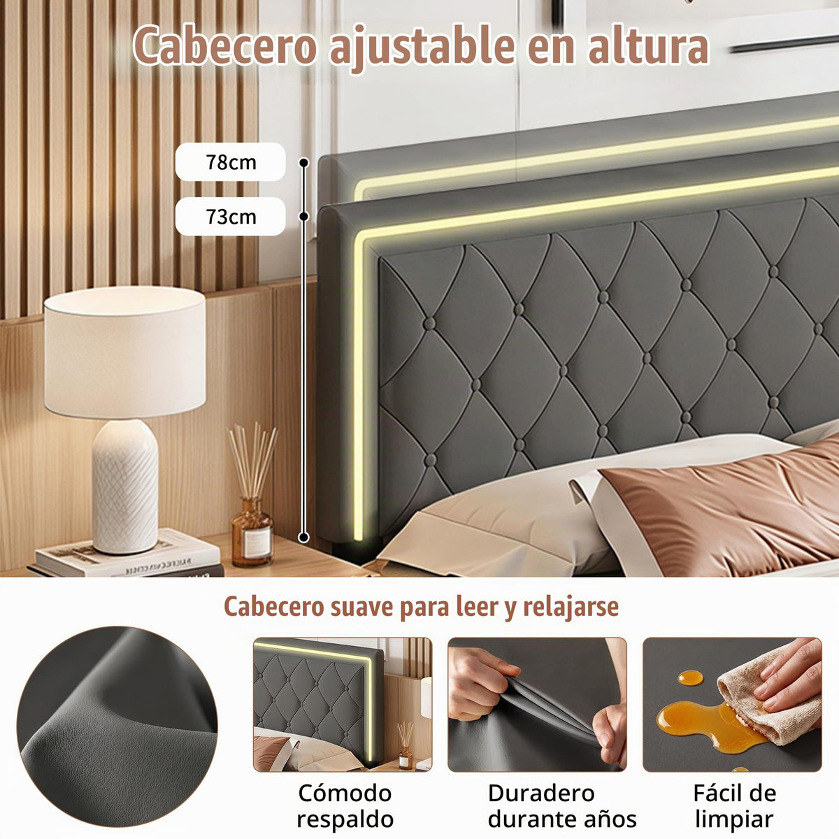 BRILVERDE Cama Tapizada 160x200 con Almacenamiento, Cama matrimonial con cajones, Cama Nido con LED, Cabecero Acolchado y Base de Láminas, Terciopelo (Beige, 160 x 200 cm)