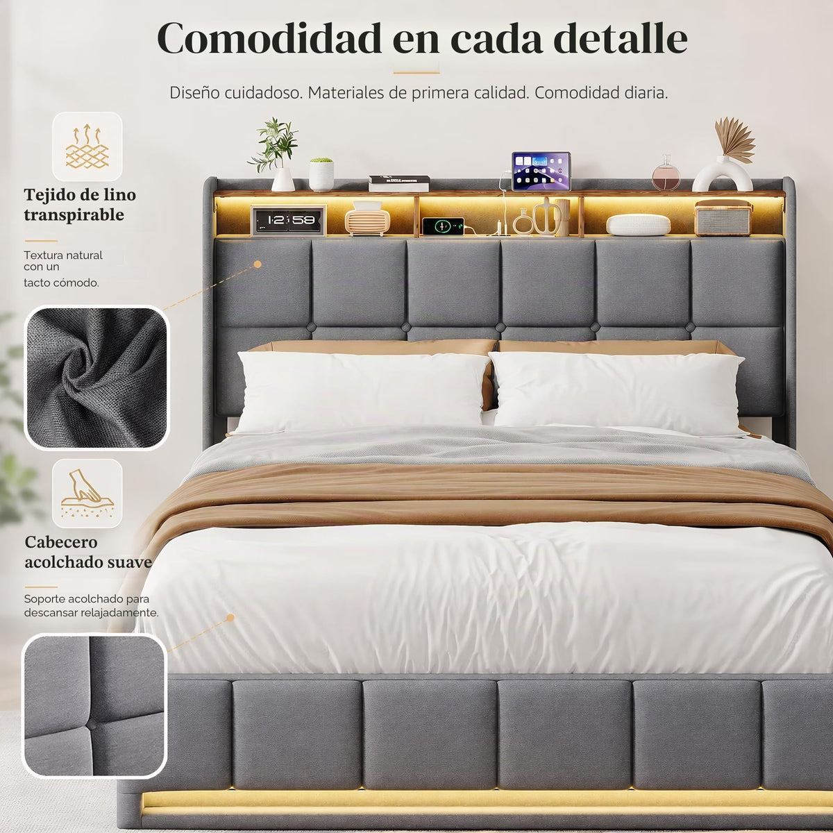 BRILVERDE Cama Tapizada 160x200 con Almacenamiento hidráulico, Cama matrimonial con lámpara de mesita, Cabecero Acolchado y Base de Láminas, Terciopelo (Beige, 160 x 200 cm)