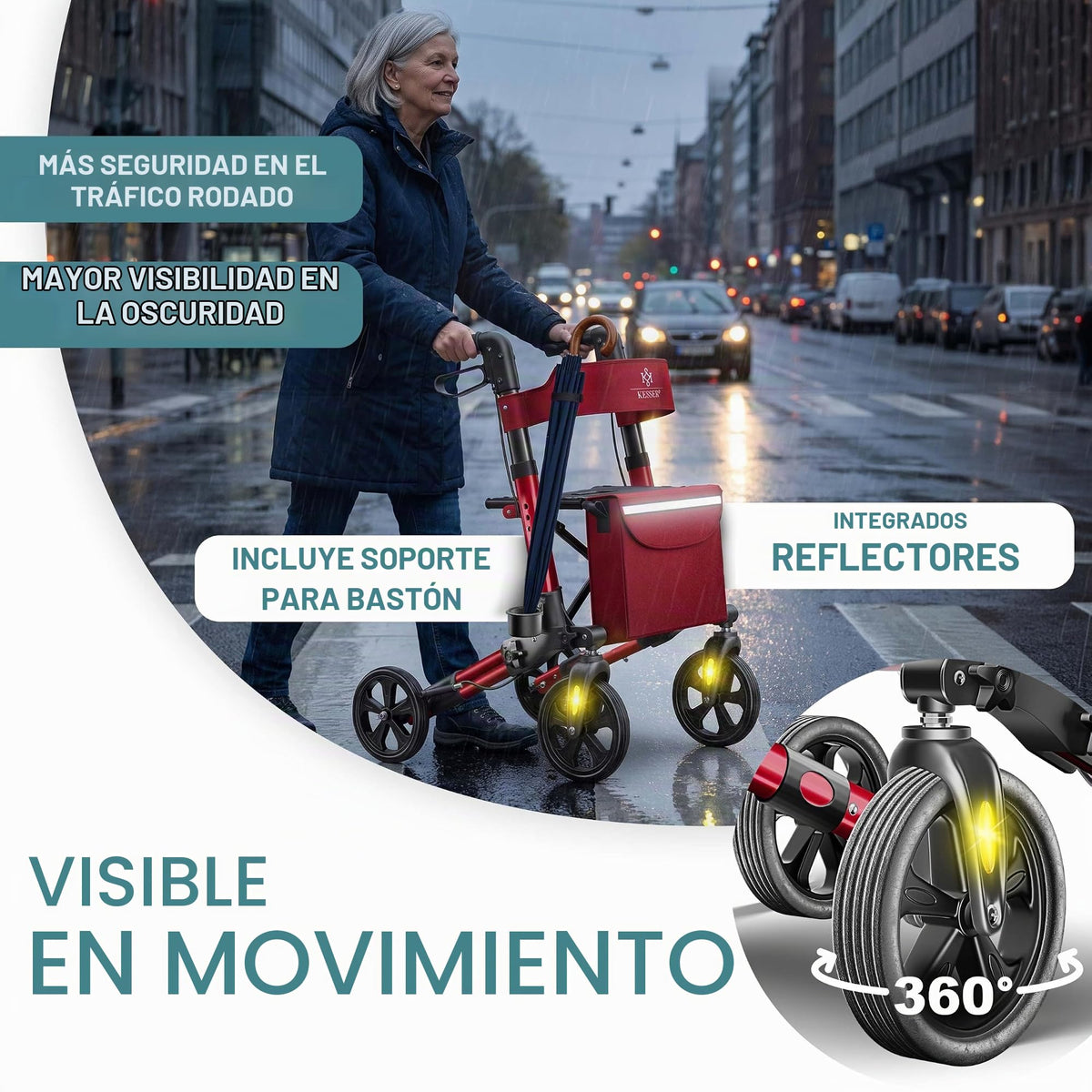 KESSER® Andador plegable con asiento y respaldo, 4 Ruedas/Frenos/Saco de Compra y Porta Bastón, Altura Ajustable 82-94cm, Andador, Carro, Rollator para Ancianos Gris