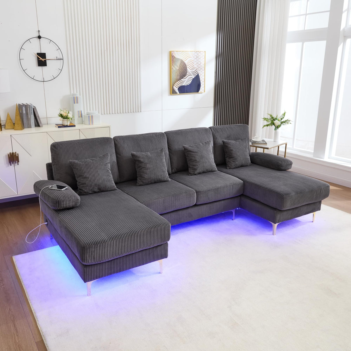Lubvtti Sofá Moderno en U con iluminación Ambiental LED y Puerto USB+Type-C,sofá 4 plazas con 4 Cojines de Lujo y Respaldo ergonómico, sofá cheslong 4 plazas,Terciopelo,Negro