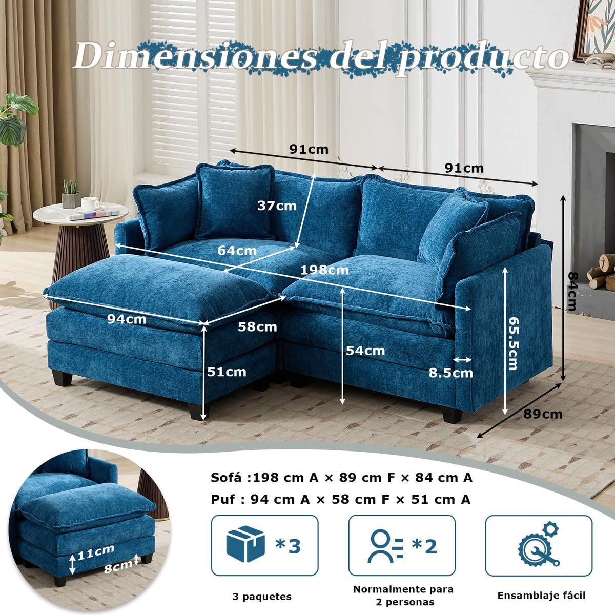 Sofá de salón modular 4 plazas 380cm, chenilla azul con cojines dobles