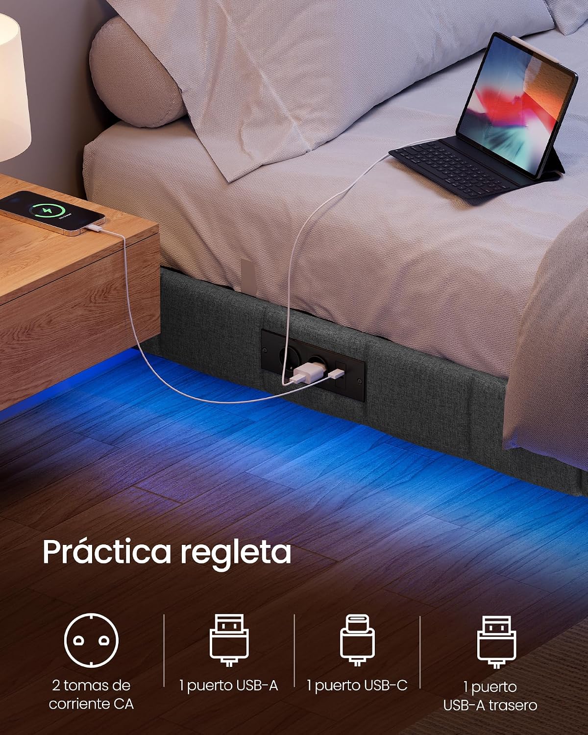 VASAGLE Marco de Cama Flotante, 140 x 200 cm, LED, 2 Tomas y 3 USB