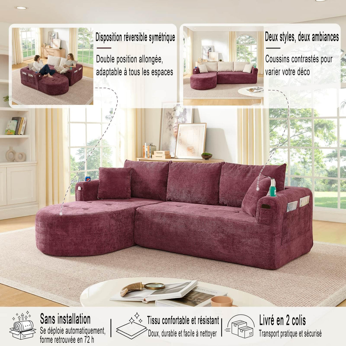 KOMHTOM Sofá Chaise Longue en L con Cojines (Negro)