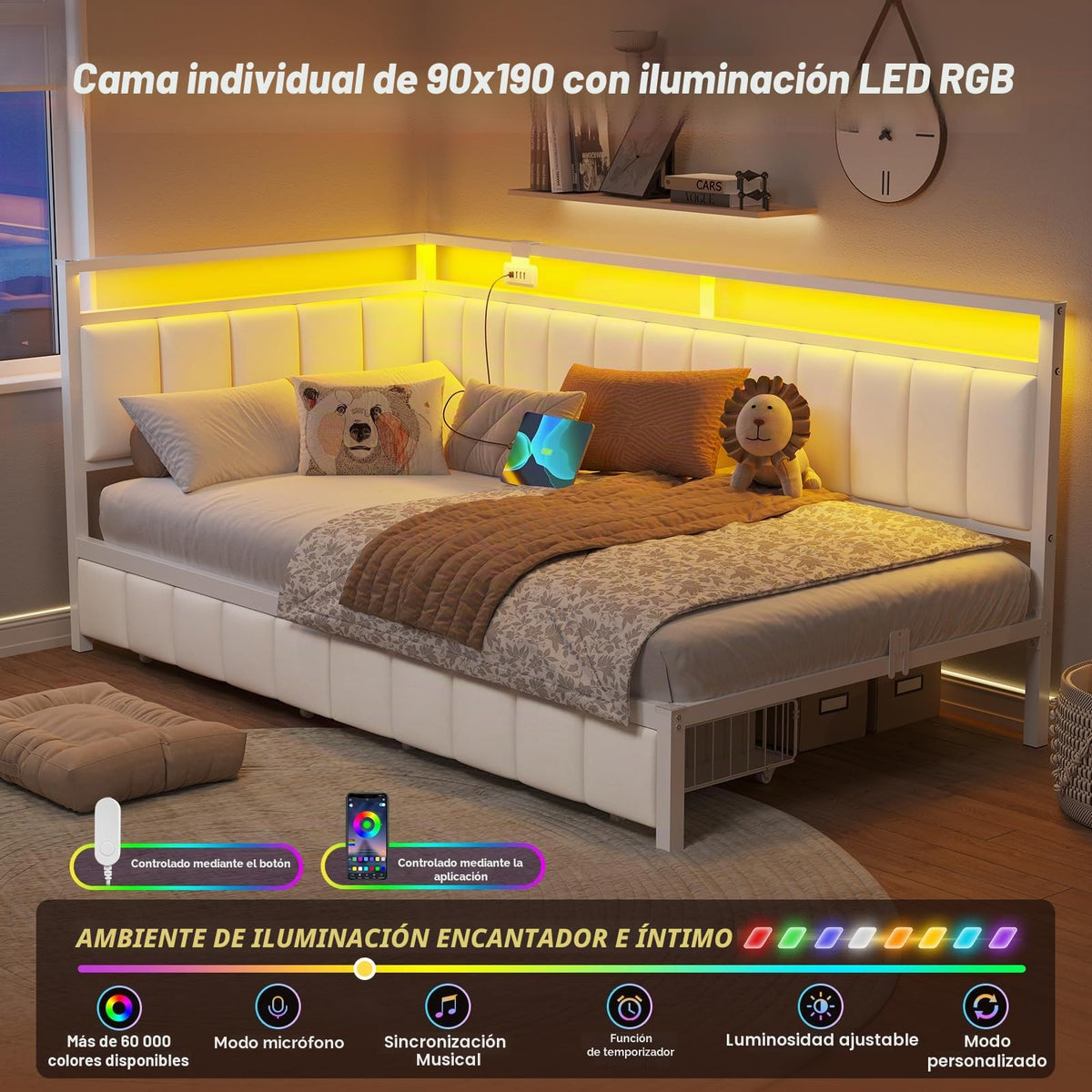 DICTAC Cama Tapizada Sofá Cama 90 x 190 cm con iluminación LED y Toma USB,Camas Juvenil con 2 cajones de Almacenamiento, Estructura de Cama de 90x190 con somier de láminas de Metal, Gris Oscuro