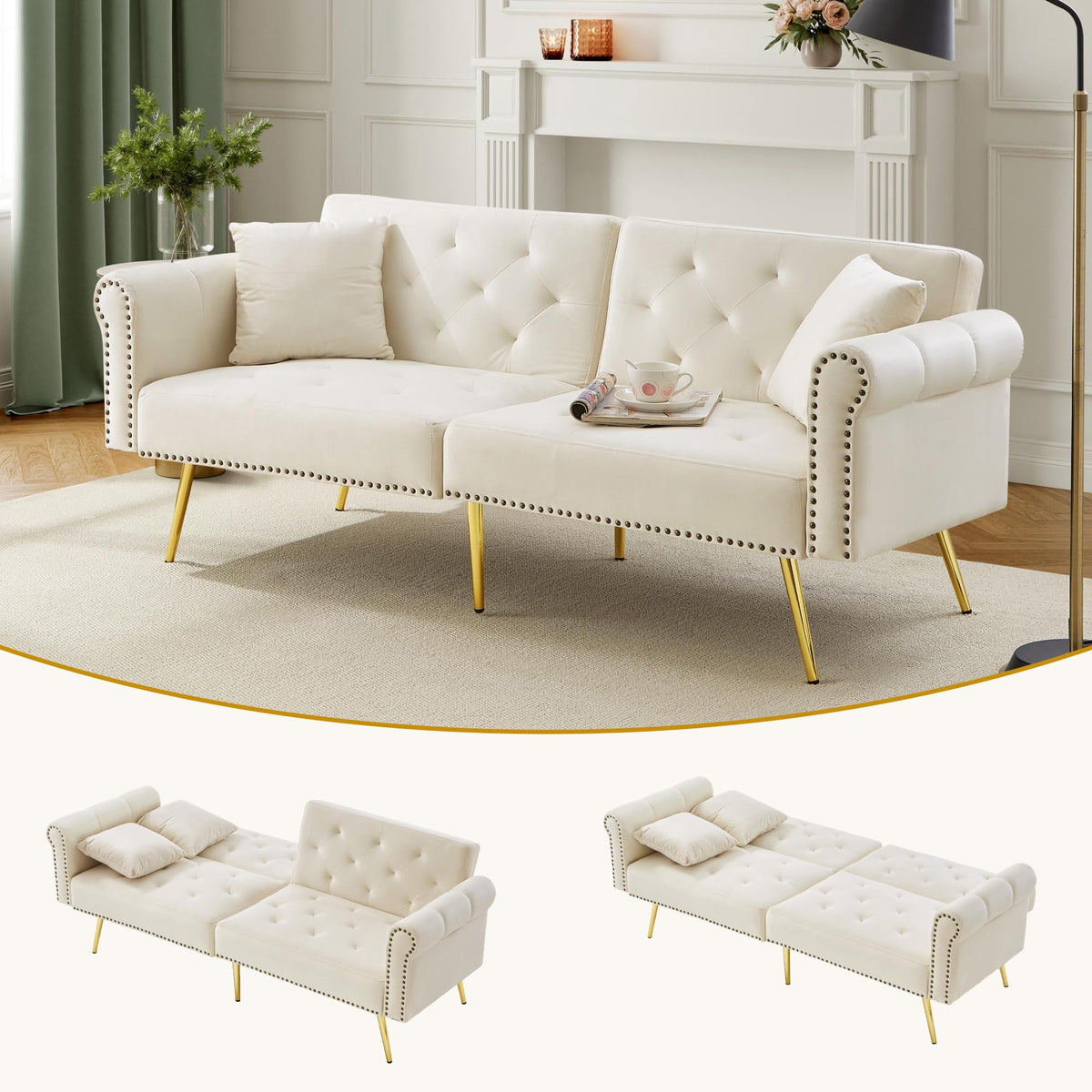 Sofá cama con esquinas ajustables, patas doradas, almohadas y bolsillos laterales para almacenamiento (Bavia)