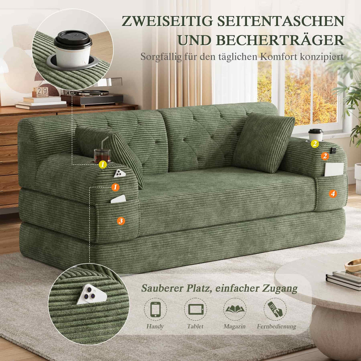 YEHTOKHOME - Sofá de Velor acanalado con respaldo alto y estructura metálica, sofá moderno de 2 plazas con 2 portavasos y 4 bolsillos laterales, para salón, dormitorio (Beige)
