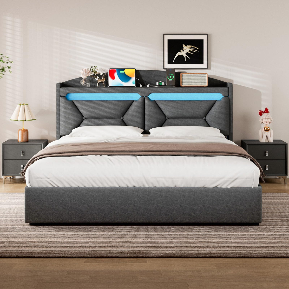 Cama 90x200 cm con Almacenamiento, Cama Individual con LED, Puertos USB y Type-C, Somier 90x200 Hidráulico, Camas Juveniles Camas Infantiles con Cabecero, Lino, Beige, Colchón No Incluido