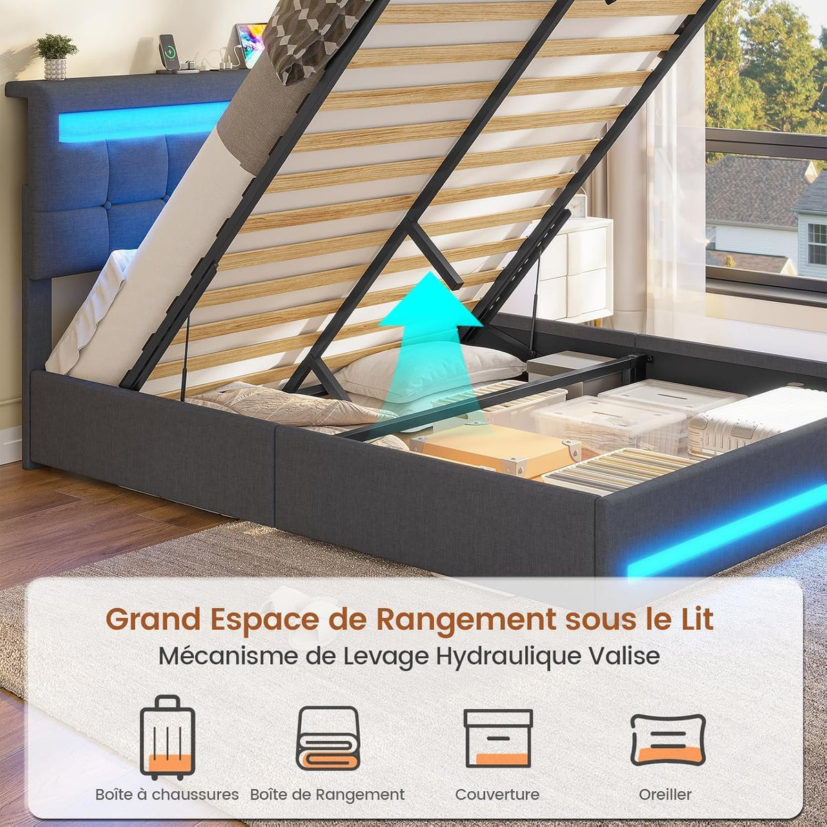 AOGLLATI Camas Matrimoniales 140x190 cm con Almacenamiento Hidráulico, Cama Canapé con Cabecero Ajustable, Estructura de Cama con Luces LED y Estación de Carga (USB y Tipo-C), Gris Oscuro