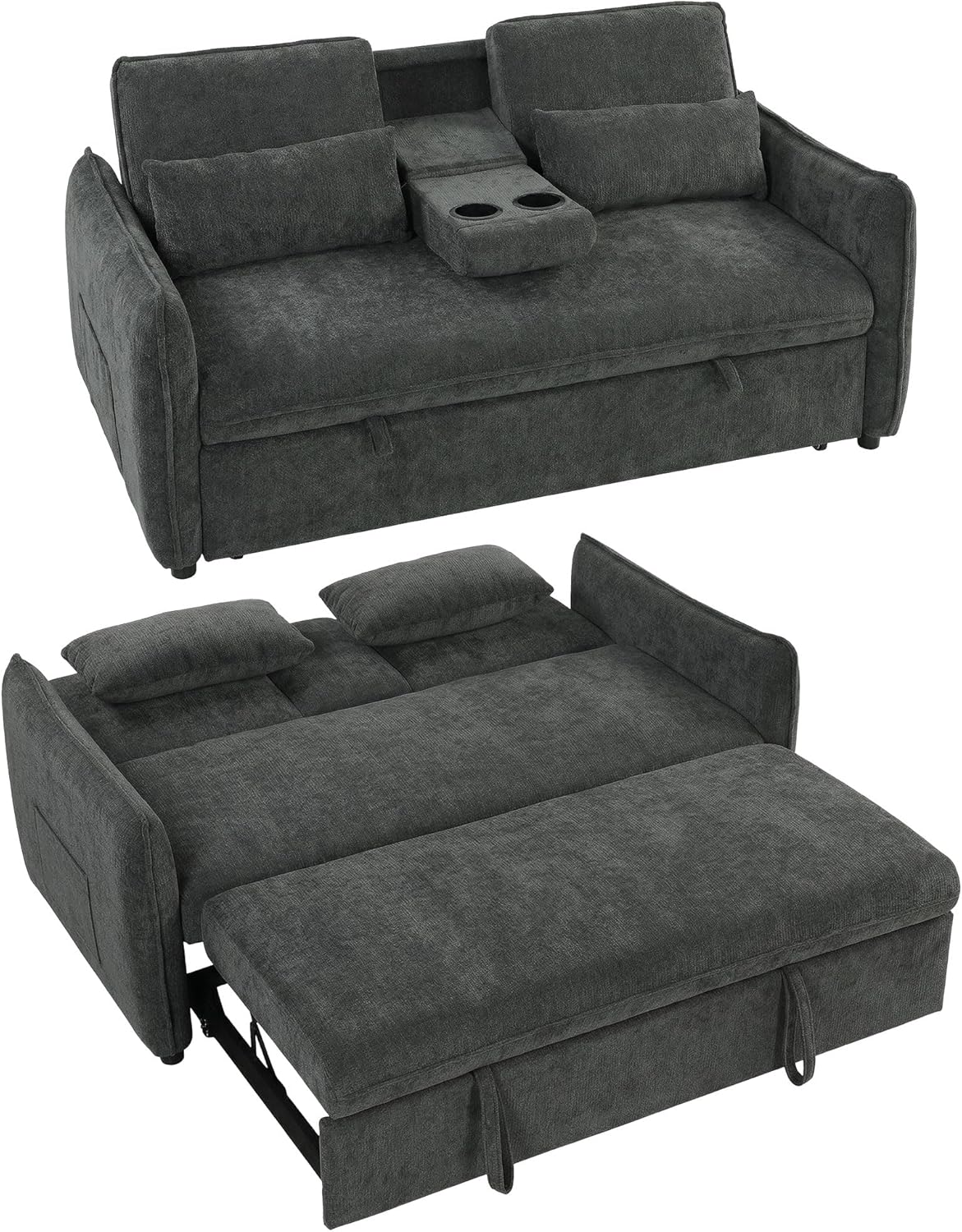 HOMCOM Sofá Cama 2 Plazas 3 en 1 Mesa Auxiliar 2 Almohadas Gris Oscuro