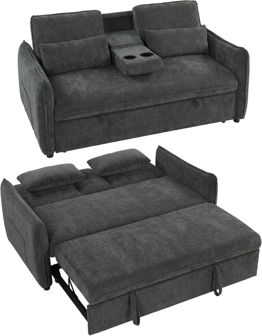 HOMCOM Sofá Cama 2 Plazas 3 en 1 Mesa Auxiliar 2 Almohadas Gris Oscuro