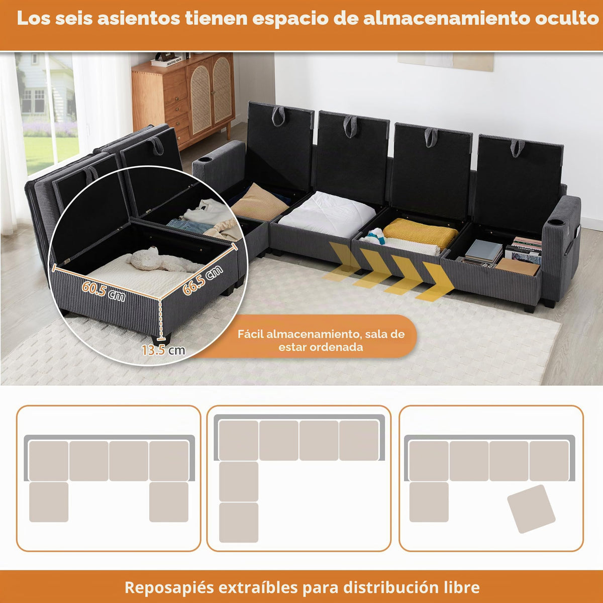 Sofá modular de 6 plazas, sofá esquinero en forma de L/U, puertos USB/tipo C, portavasos y espacio de almacenamiento, tela de chenilla, 7 cojines, salón, dormitorio y oficina, color beige