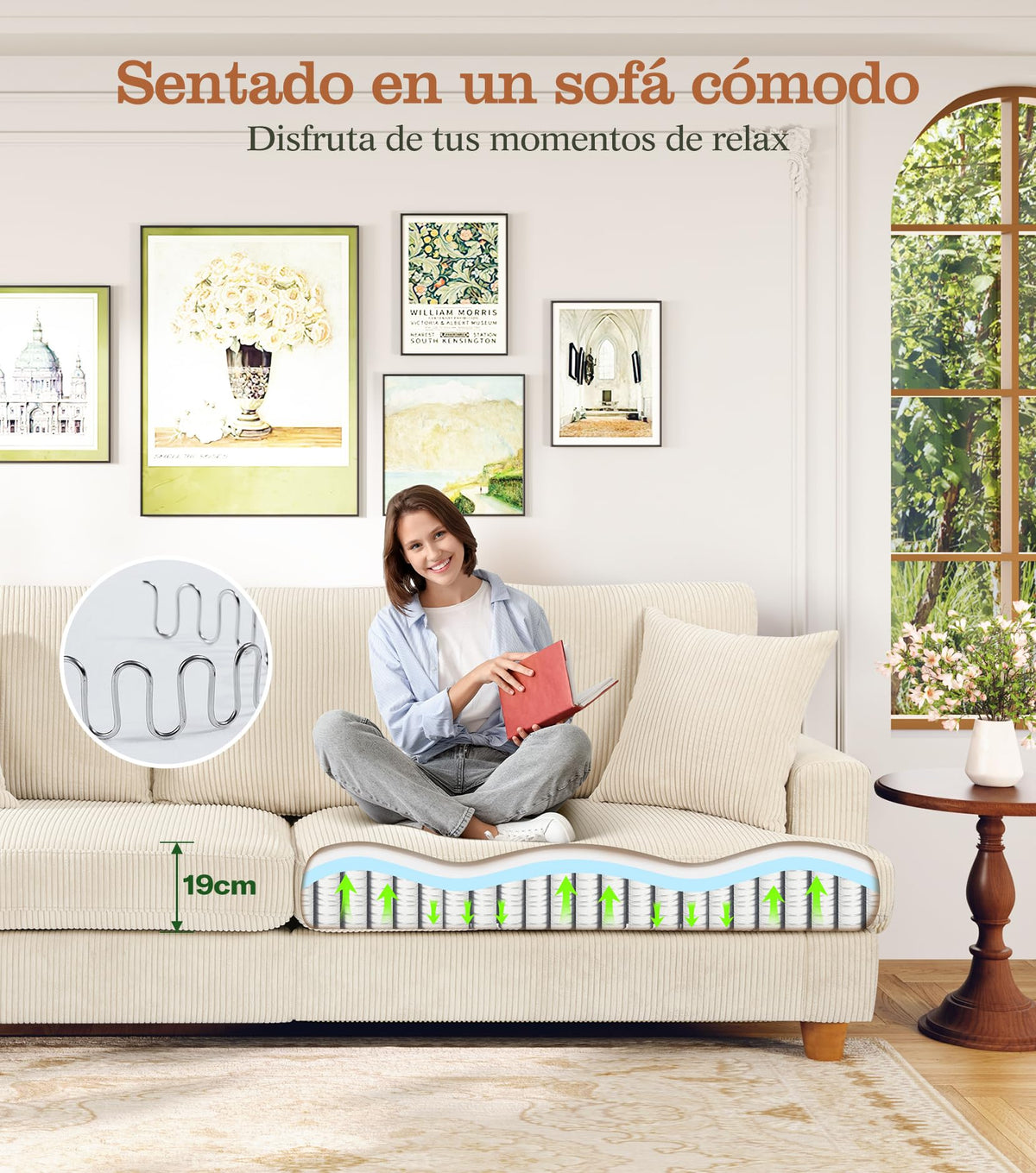Kidirect Sofá de Pana de 3 plazas, 221 cm cómodo sofá de 53 cm Asientos Extra Profundos, sofá de salón Montaje sin Herramientas sofá Grande con 2 Cojines, sofá Moderno para Oficina,Verde Bosque