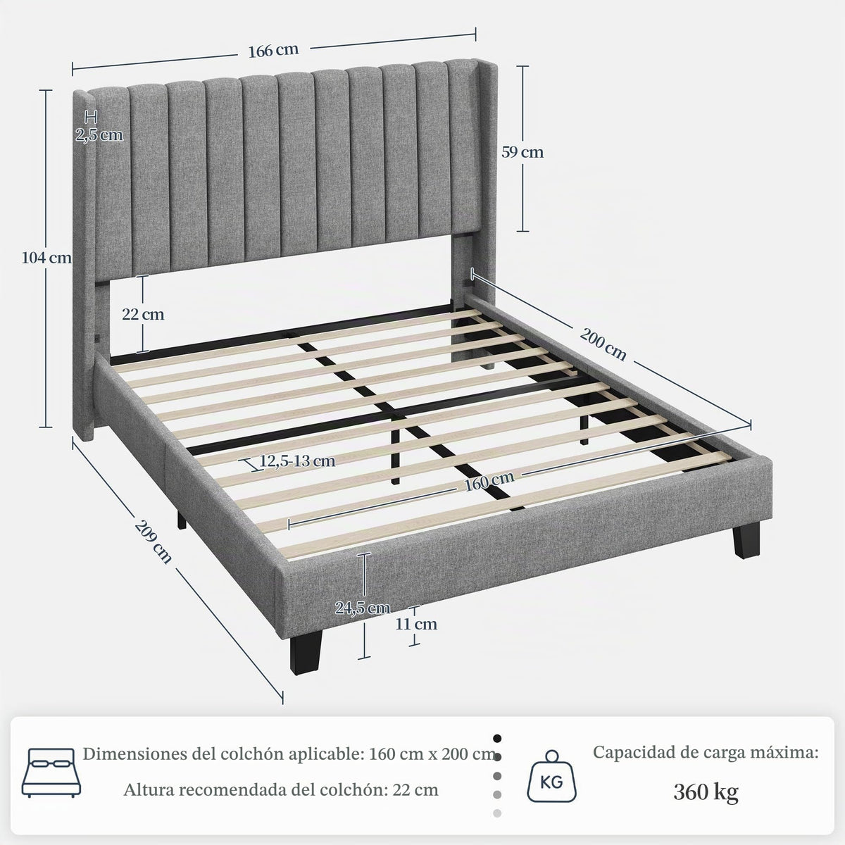 Yaheetech Cama Doble Tapizada 140 x 200cm con Somier de Lamas con Cabecero Rayado Moderno Estructura de Madera y Metal Marco de Cama para Adultos 2 Personas Beige