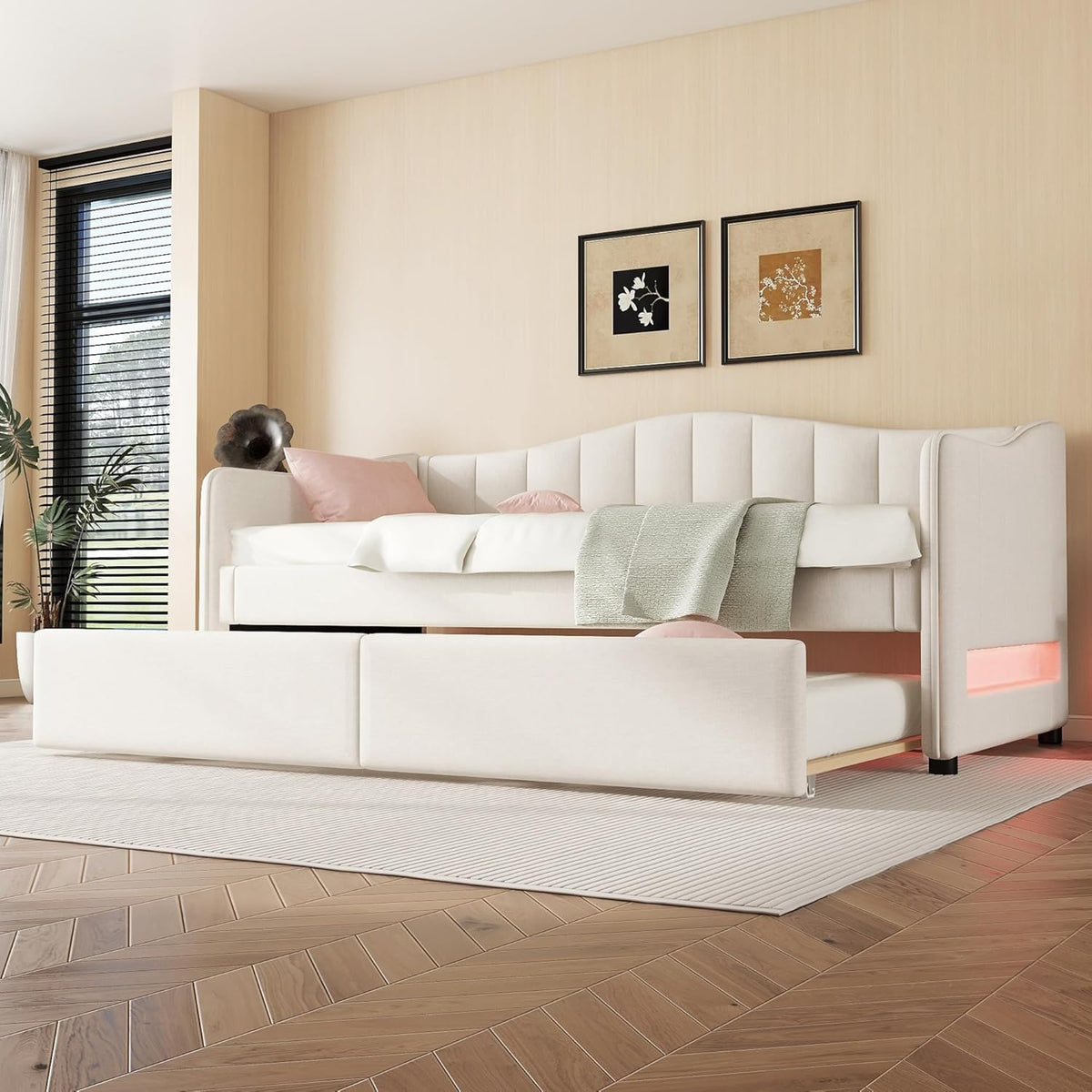 Cama de día, 90 x 200 cm, con cama extraíble, sofá cama, cama individual (sin colchón), diseño de luz ambiental, lino, estilo minimalista (beige)