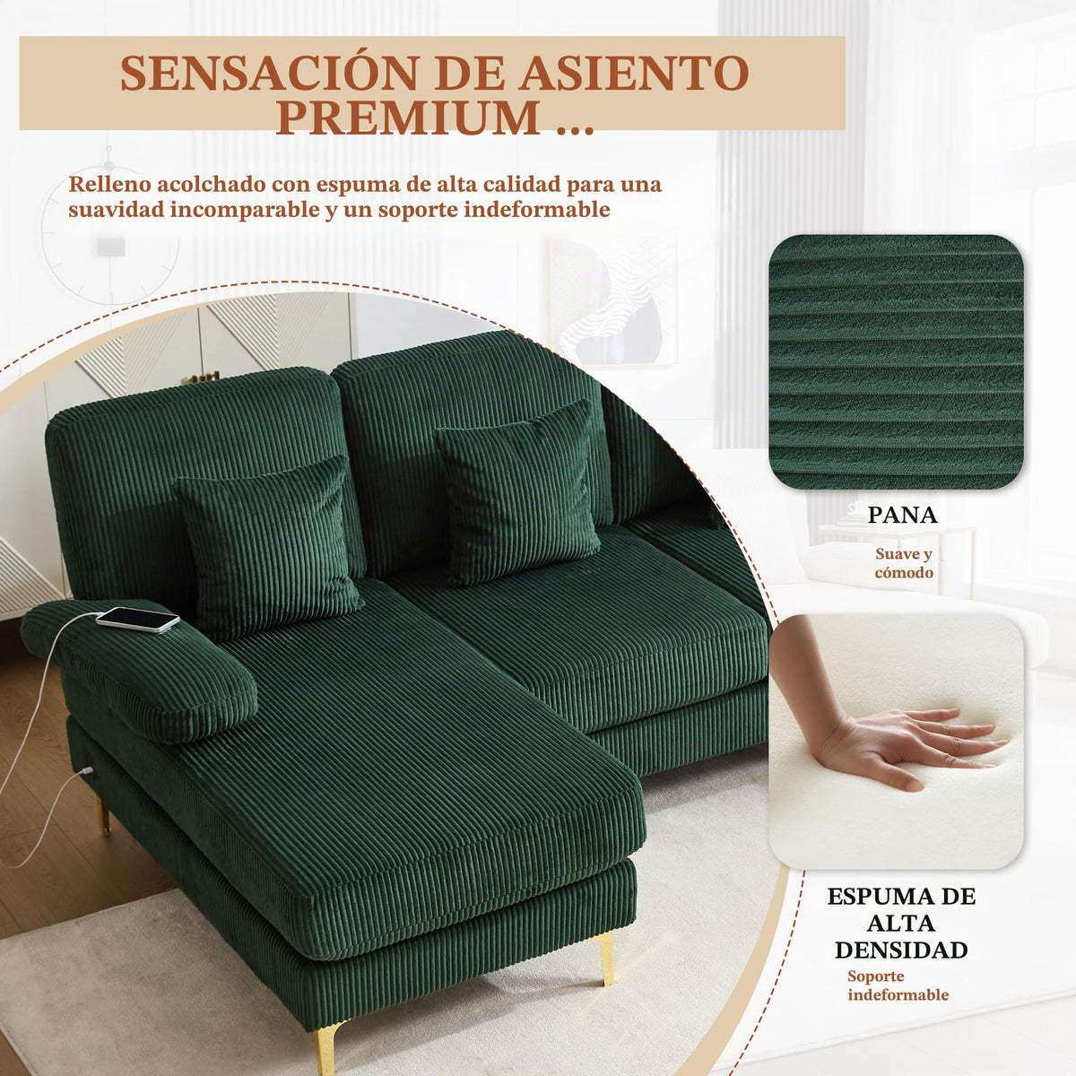Lubvtti Sofá Moderno en U con iluminación Ambiental LED y Puerto USB+Type-C,sofá 4 plazas con 4 Cojines de Lujo y Respaldo ergonómico, sofá cheslong 4 plazas,Terciopelo,Negro