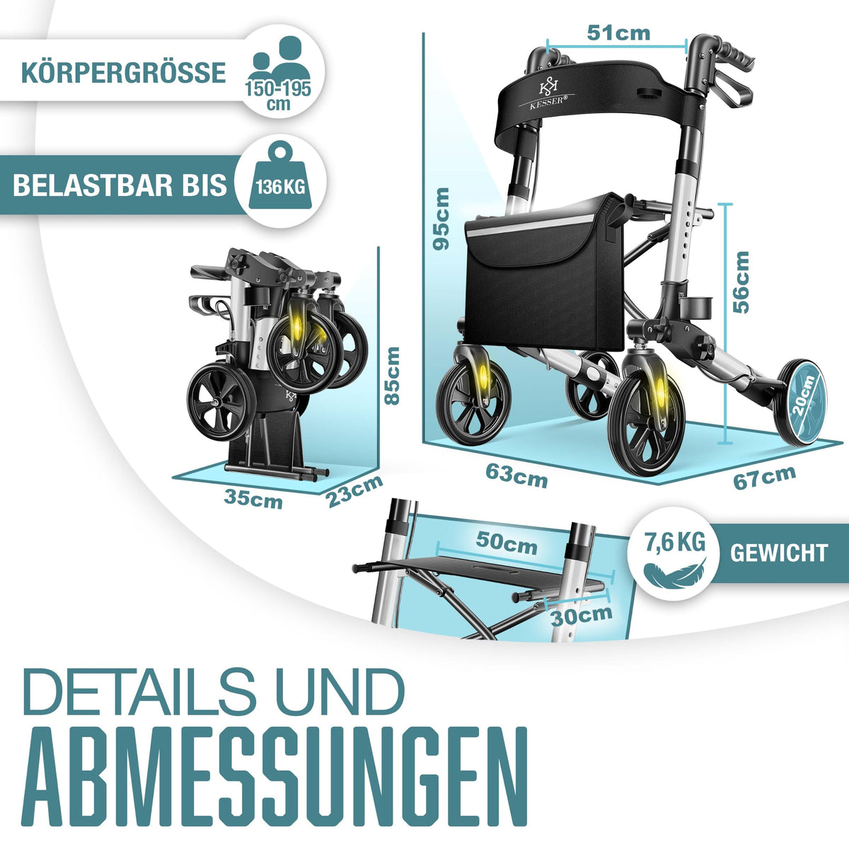 KESSER® Andador plegable con asiento y respaldo, 4 Ruedas/Frenos/Saco de Compra y Porta Bastón, Altura Ajustable 82-94cm, Andador, Carro, Rollator para Ancianos Gris