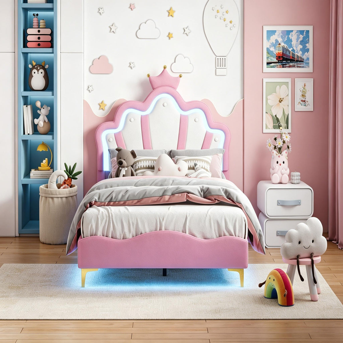 Cama Infantil tapizada 140 x 200 cm con LED, Cama tapizada para niños 140 x 200 con cabecera Ajustable Marco de Camas, Camas de Princesa para Niña en Forma de Corona con Somier(Rosa, 140 x 200)