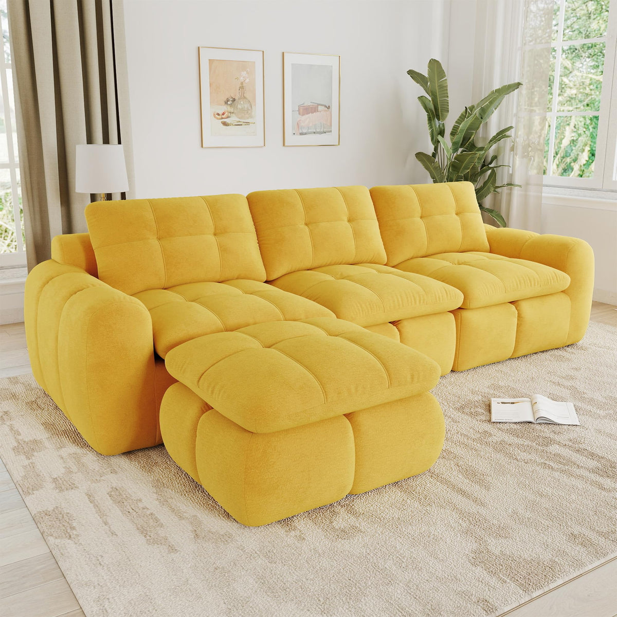 Sofá de 3 plazas con 1 taburete chenilla beige