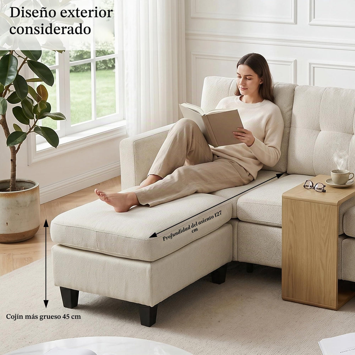 Sofá de 3 plazas con taburete, sofá flexible en forma de L como sofá esquinero, funda de tela suave con acolchado de espuma de alta densidad, sofá de salón para sala de estar, dormitorio, oficina y