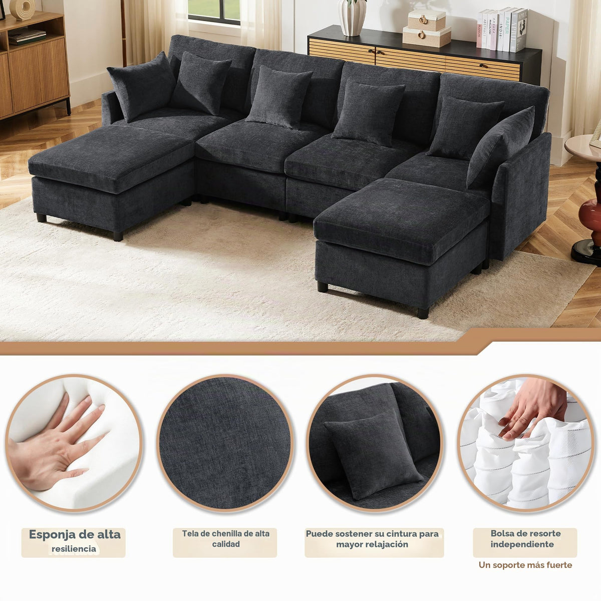 Sapgaks Sofá Seccional en U Moderno,Sofá 4 plazas,Mueble Acolchado de diseño Moderno,Tela de Chenilla (Beige)