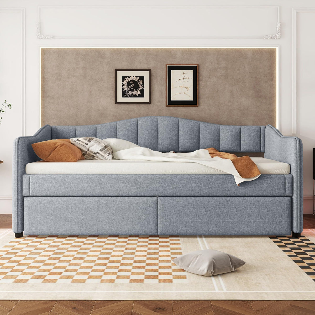 Cama de día, 90 x 200 cm, con cama extraíble, sofá cama, cama individual (sin colchón), diseño de luz ambiental, lino, estilo minimalista (beige)