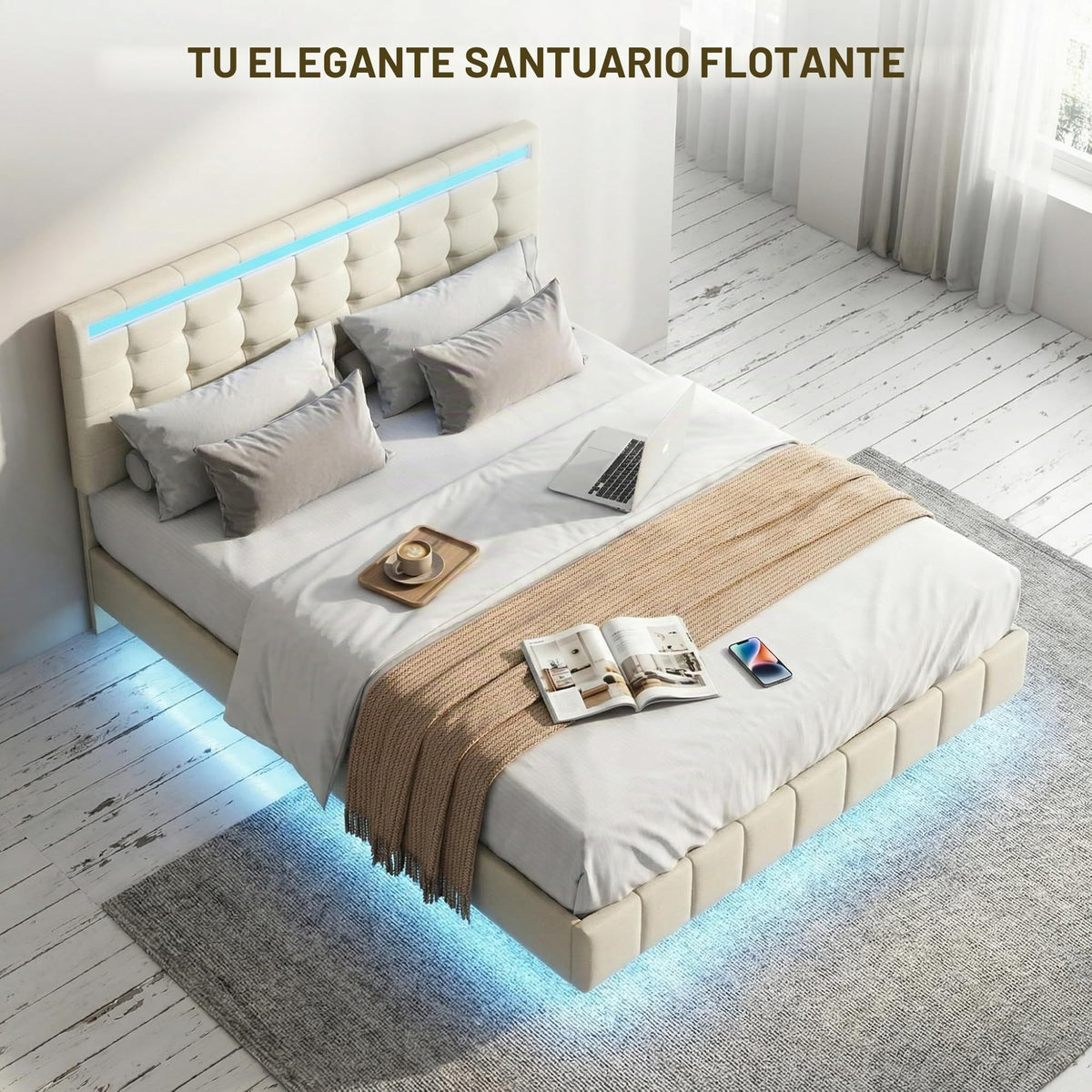 BRILVERDE Cama Tapizada 160x200 con Almacenamiento, Cama matrimonial con cajones, Cama Nido con LED, Cabecero Acolchado y Base de Láminas, Terciopelo (Beige, 160 x 200 cm)