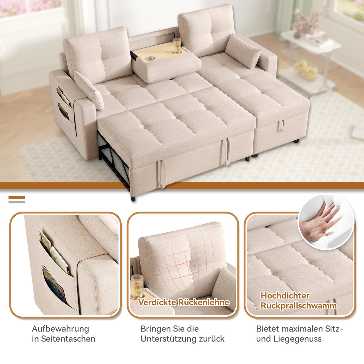 Bladez Sofá cama extensible en forma de L de lino con espacio de almacenamiento, soporte para bebidas, sofá modular de 3 plazas para salón (gris)