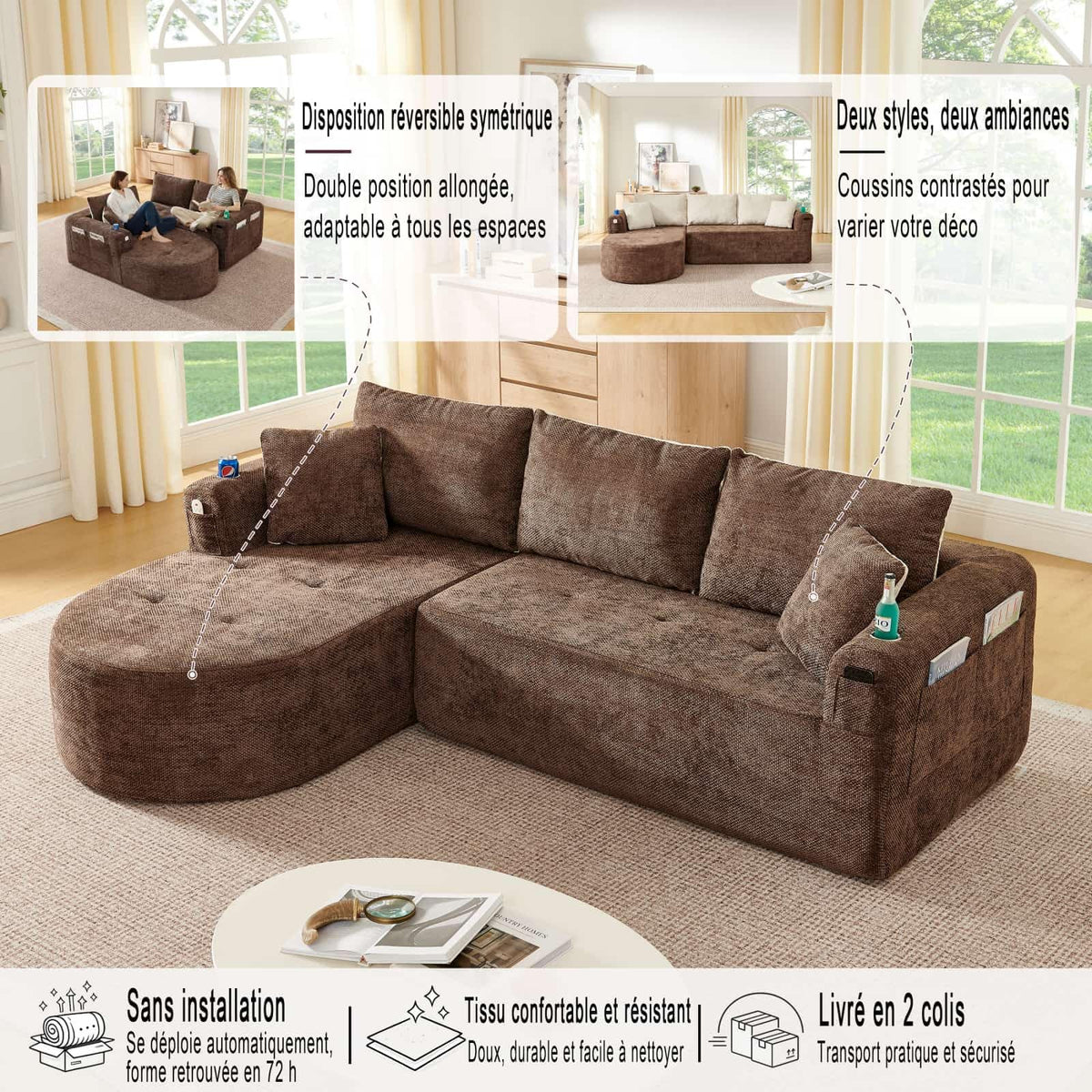 KOMHTOM Sofá Chaise Longue en L con Cojines (Negro)