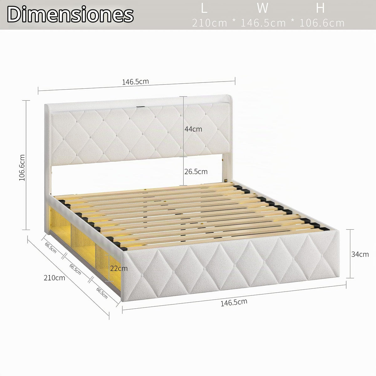 Cama tapizada de 160 x 200 cm con espacio de almacenamiento e iluminación LED, cama doble hidráulica con detalles dorados, cama de terciopelo de lujo con sincronización de música y