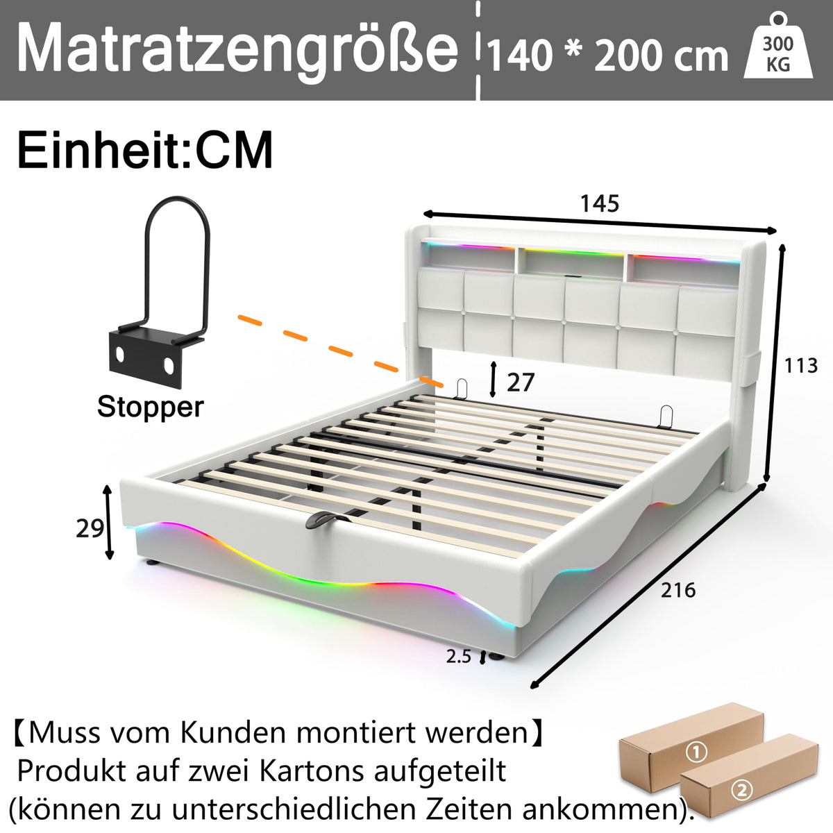 Estructura de Cama de Cuero 160x200cm con Carga USB Type-C, Blanco