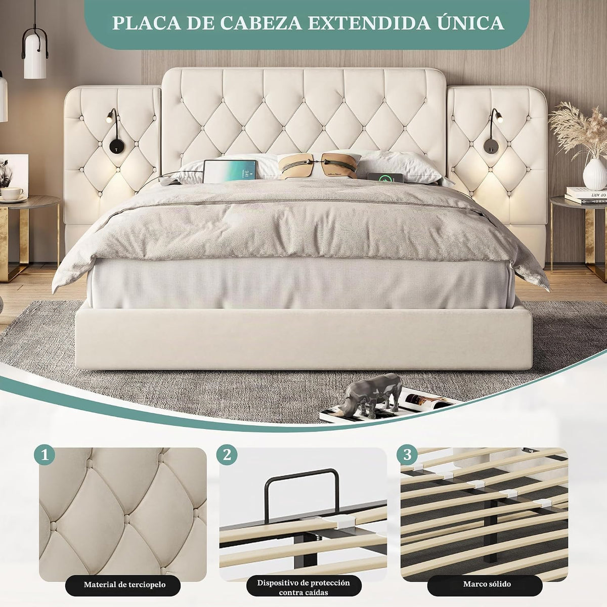 Estructura de cama con cabecero largo, 180 x 200 cm, material de terciopelo moderno, varios puertos USB, lámpara de escritorio, sistema hidráulico, espacio de almacenamiento extra grande en la