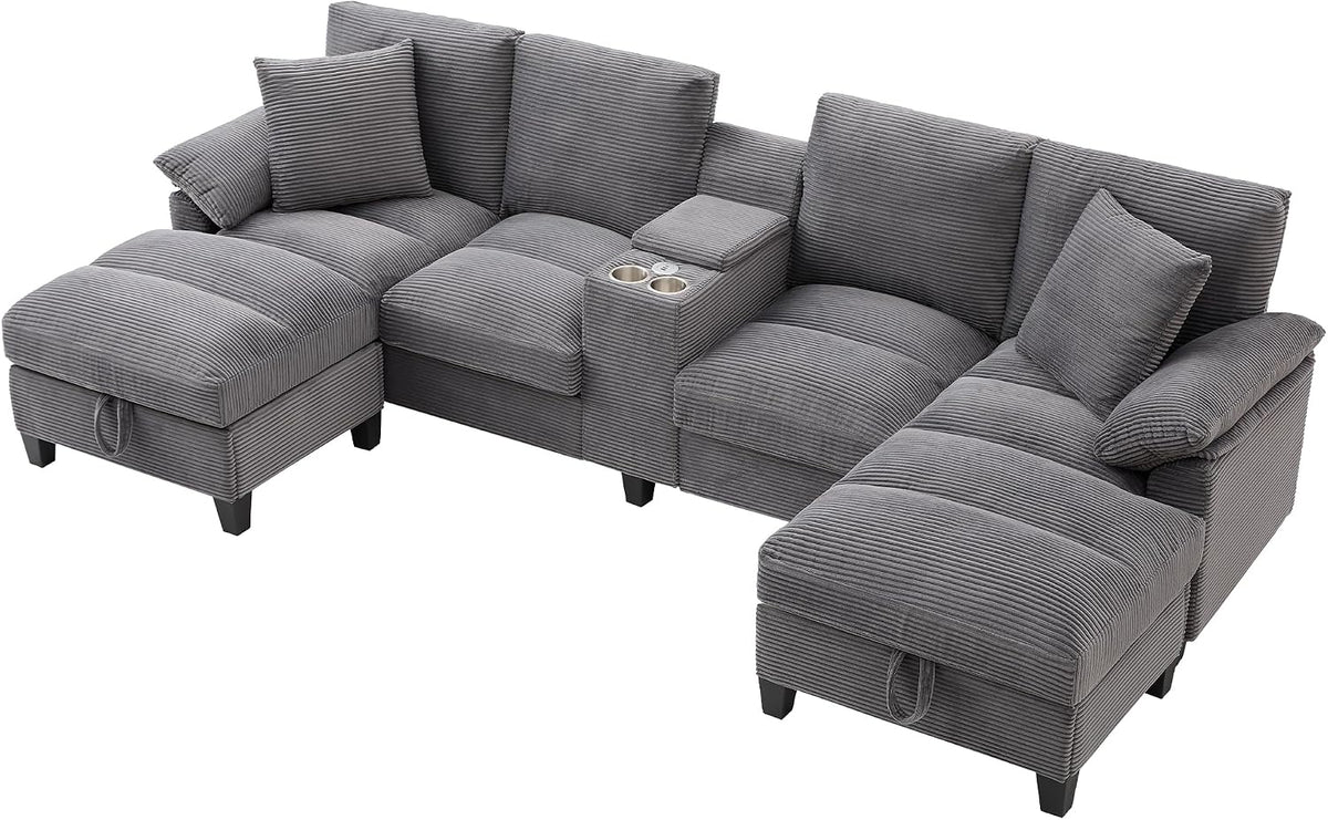Azkoeesy - Sofá de 4 plazas con 2 reposapiés y espacio de almacenamiento, consola con 2 portavasos y enchufe, 293 cm, forma U, tapizado en pana, adecuado para sala de estar, dormitorio y apartamentos
