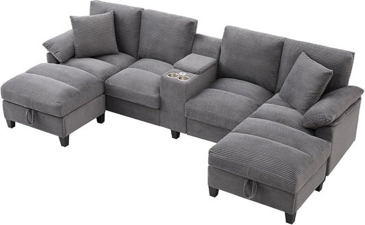 Azkoeesy - Sofá de 4 plazas con 2 reposapiés y espacio de almacenamiento, consola con 2 portavasos y enchufe, 293 cm, forma U, tapizado en pana, adecuado para sala de estar, dormitorio y apartamentos