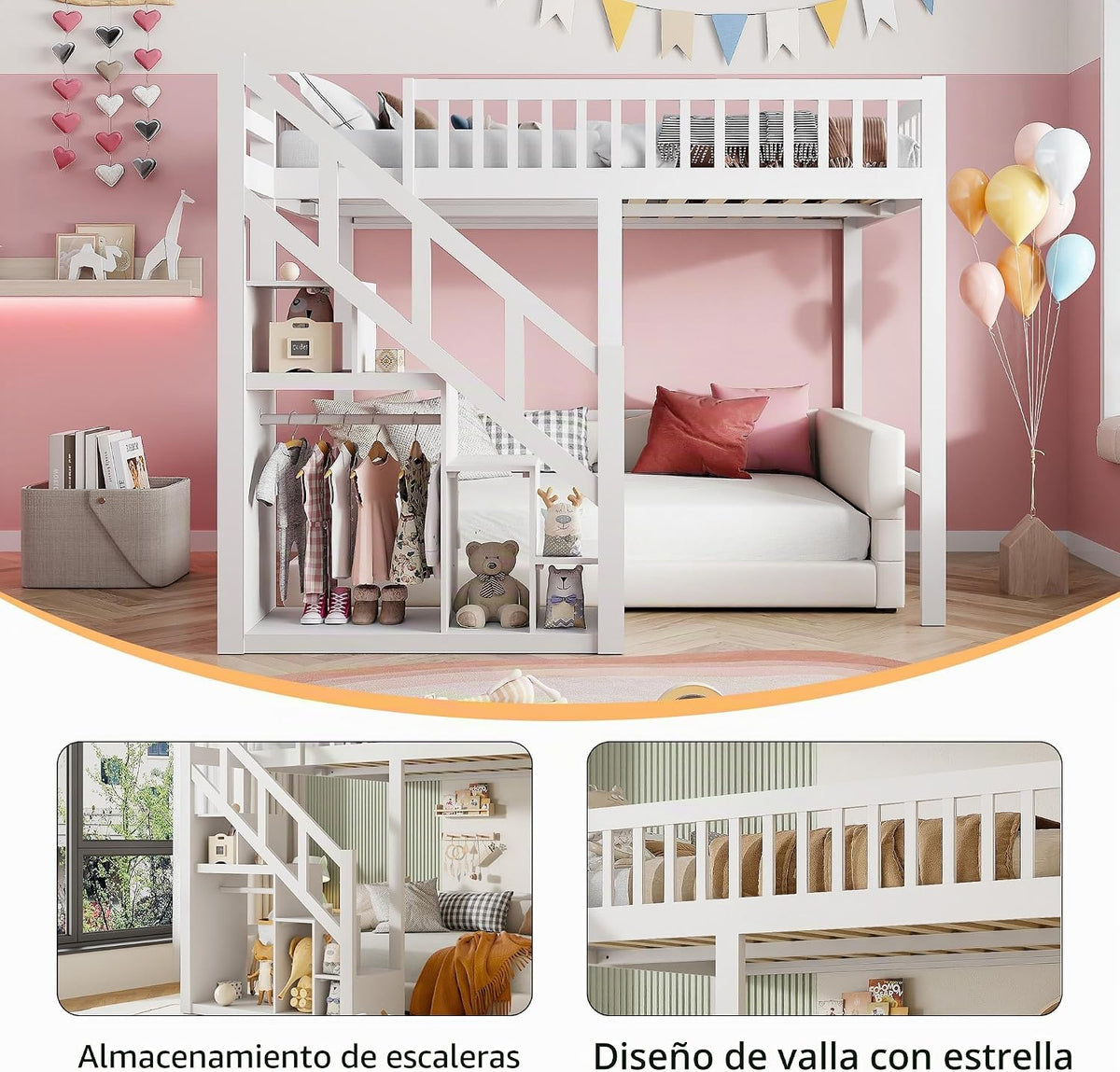 Cama alta, cama infantil, marco de cama con escalera, diseño de valla alta, almacenamiento, somier de láminas y zona de suspensión abierta, para niños y adolescentes, blanco (90x200 cm)