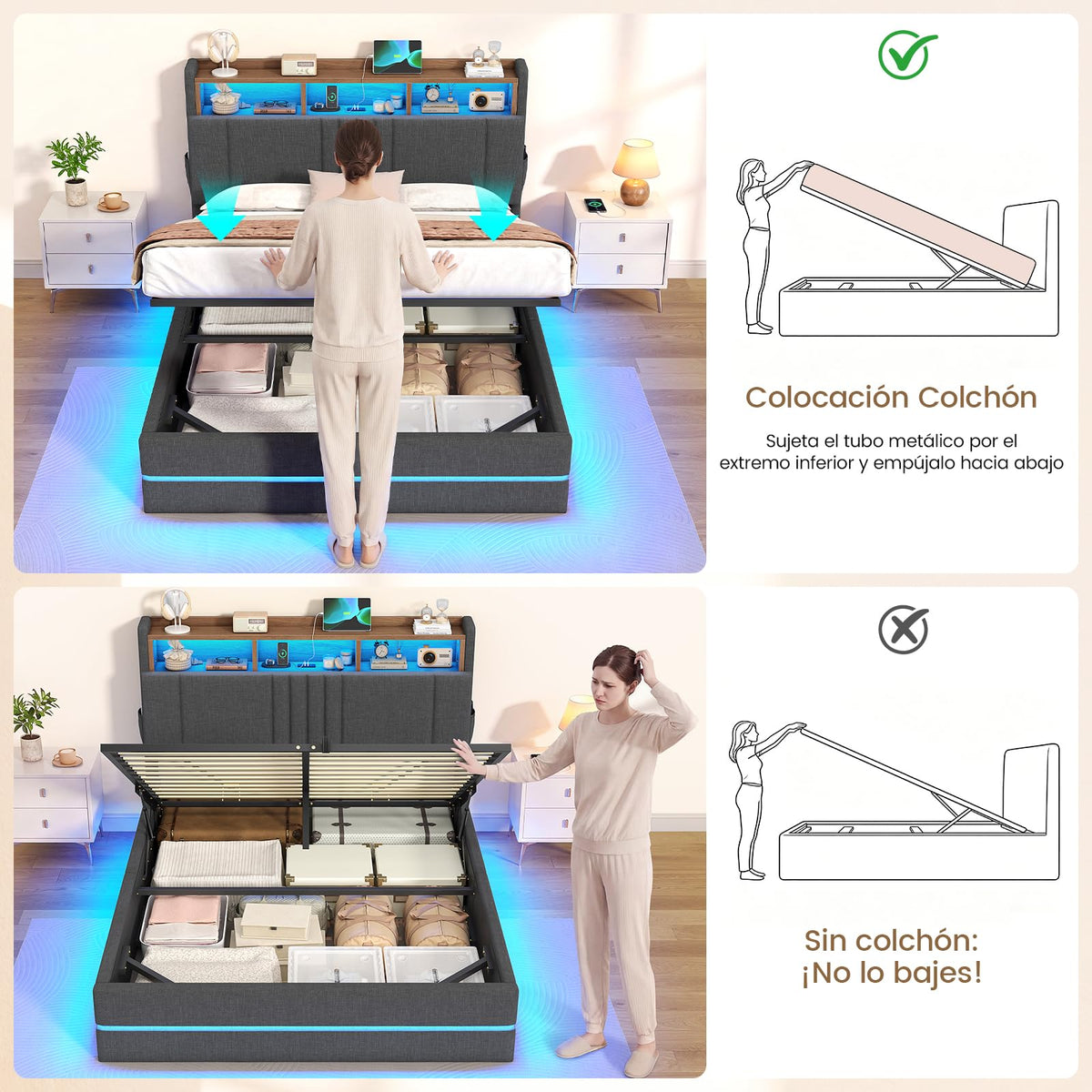 AOGLLATI Cama Matrimonial 140x190 cm con Almacenamiento Hidráulico, Lino