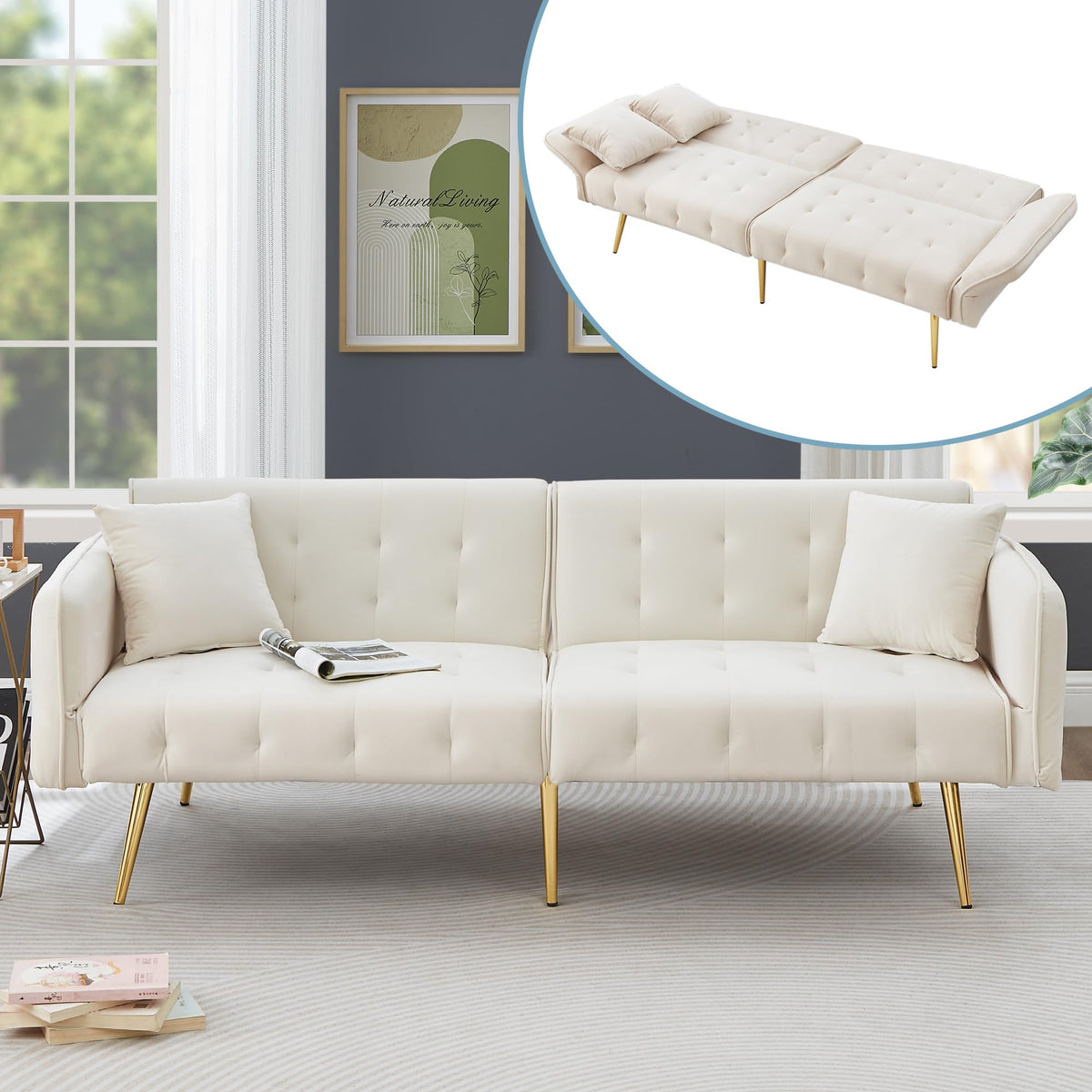 Sofá cama con esquinas ajustables, patas doradas, almohadas y bolsillos laterales para almacenamiento (Bavia)